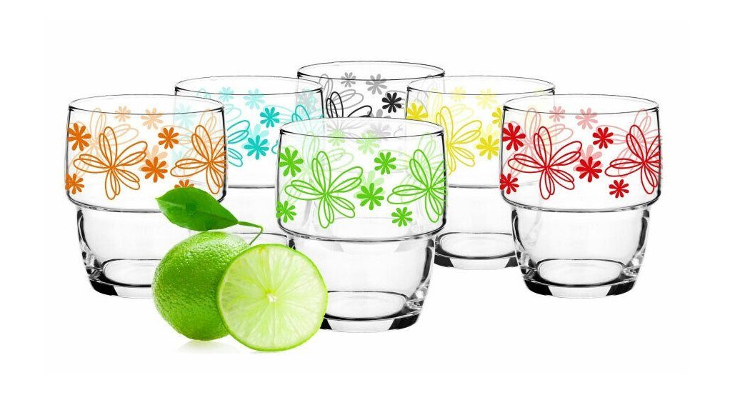 Gläser-Set 6 Stapelbare Trinkgläser 250ml Saftglas Wasserglas mit Blumen-Motiv