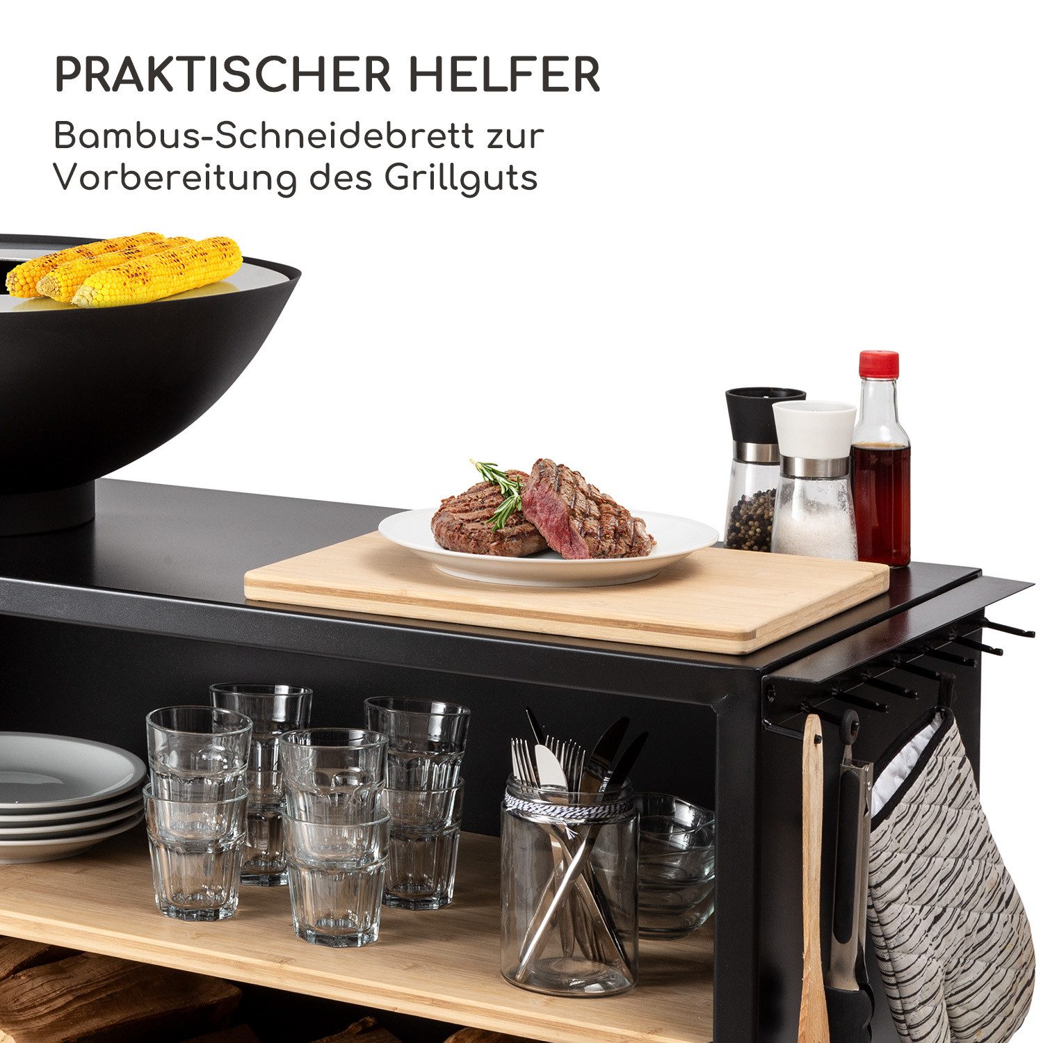 blumfeldt Feuerschale Savage 2.0 Wide Feuerschale Grillring 58 cm Bambus Stahl mobil, (Set, spar-set), Feuerschale Garten mit Grill Feuerkorb Feuerstelle Outdoor