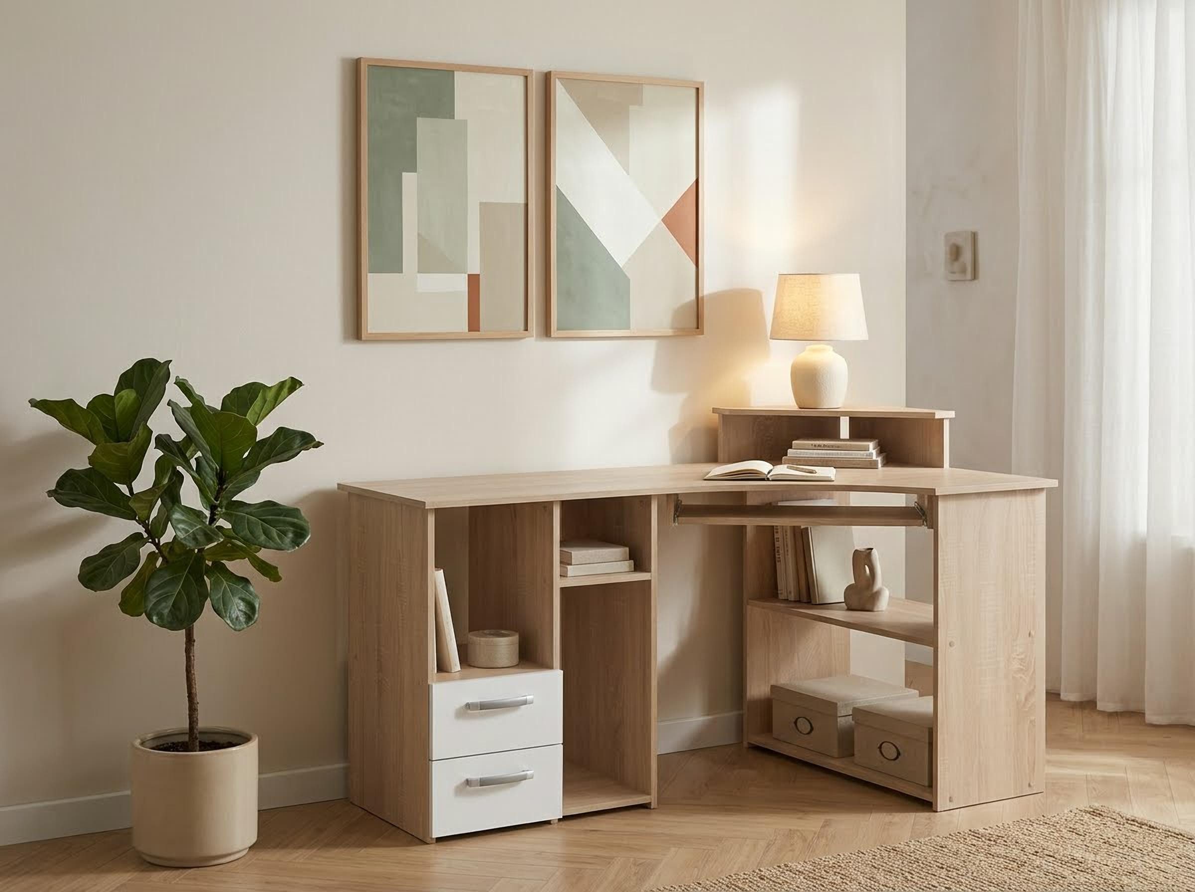 VOGL Möbelfabrik Schreibtisch Sam, Eckschreibtisch, Tastaturauszug, Monitoraufsatz & opt. Towerfach