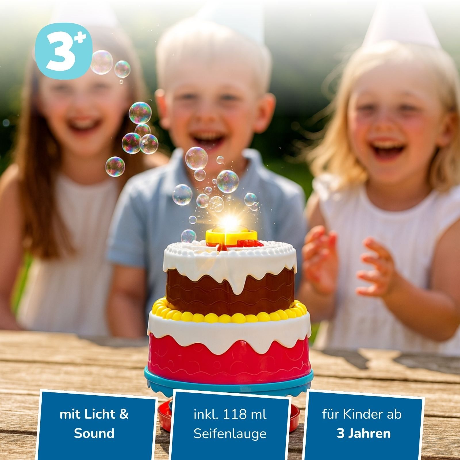 alldoro Seifenblasenmaschine Seifenblasen-Maschine Torte mit LED-Licht & Happy Birthday Lied, Bunte Seifenblasenkanone für Geburtstag, Hochzeit & Party