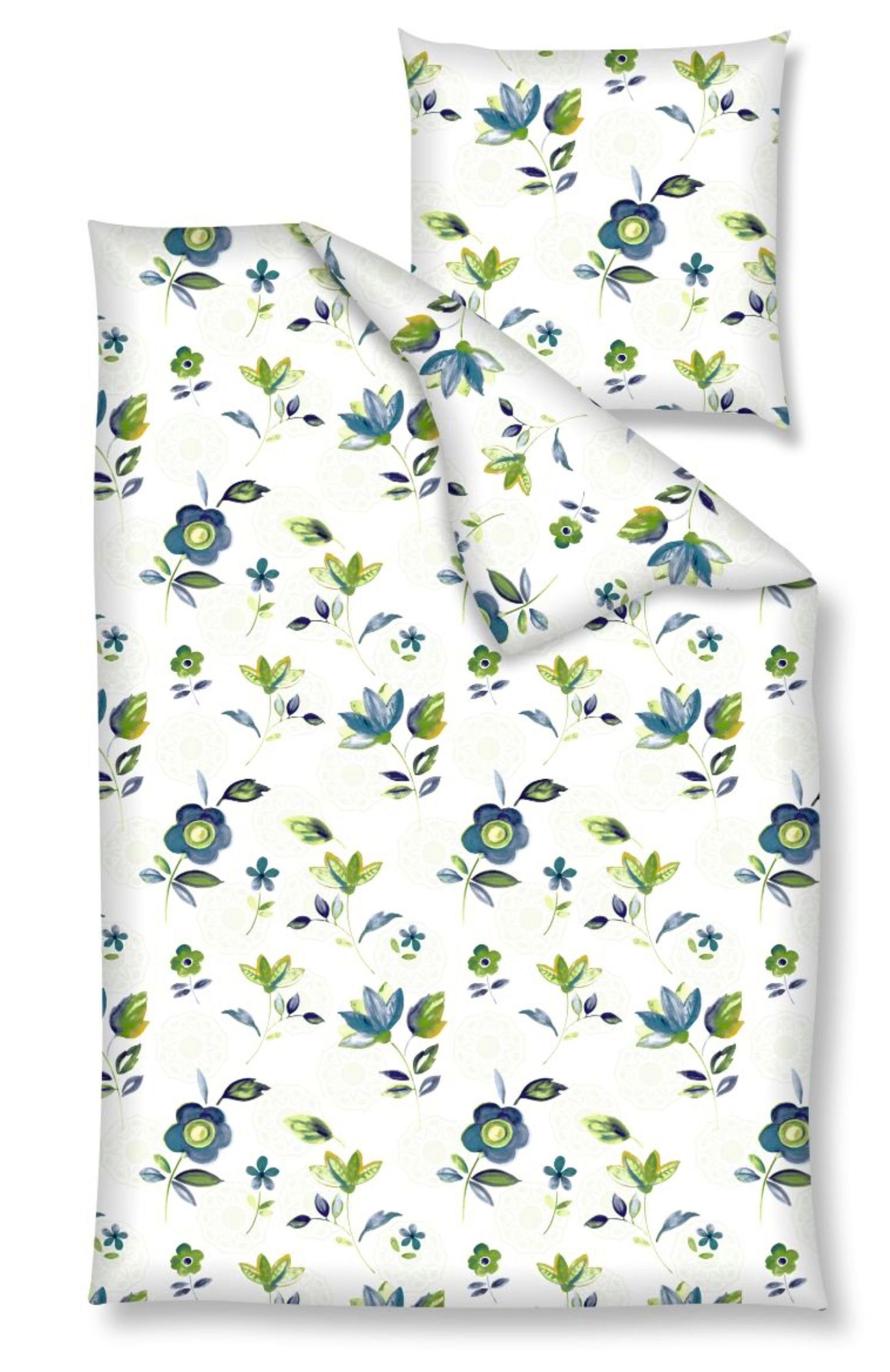 Bettwäsche Baumwolle, Nanette, Renforcé, 2 teilig, Blumen auf weißem Hintergrund, blau, grün