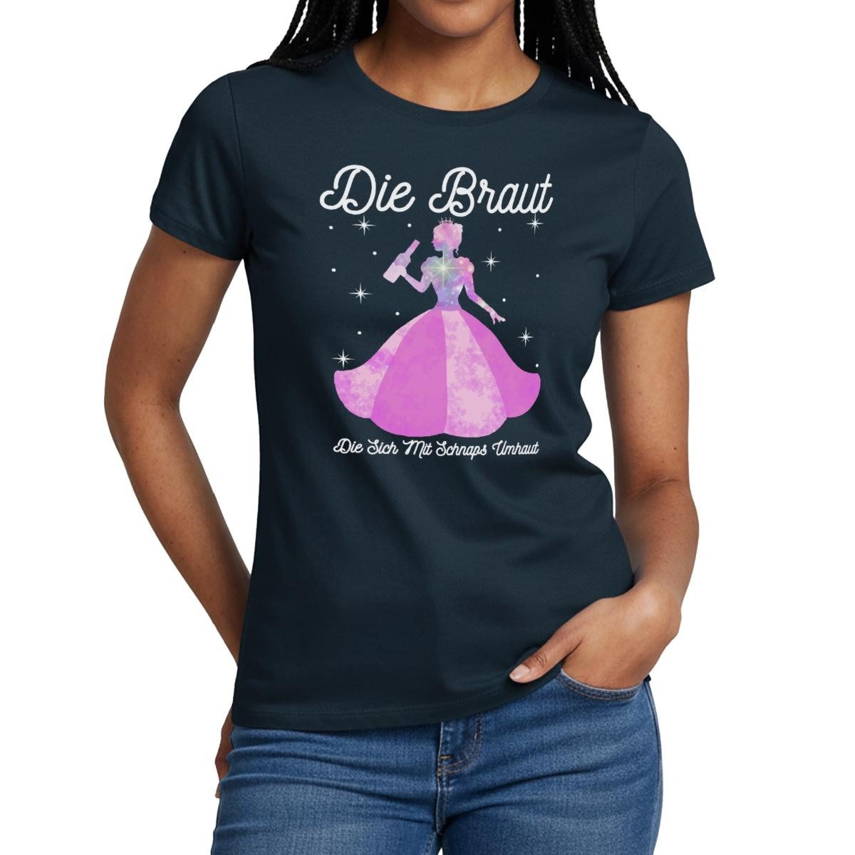 Spreadshirt T-Shirt JGA Frauen, Die Braut, Die Sich Mit Schnaps Umhaut Frauen T-Shirt (1-tlg) Slim Fit, fällt klein aus