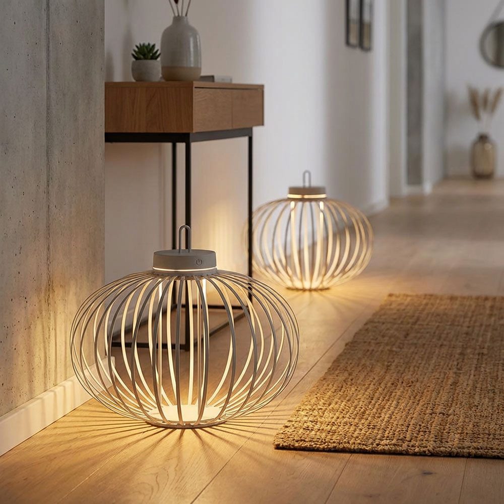 JUST LIGHT LED Außen-Tischleuchte, LED-Leuchtmittel fest verbaut, Warmweiß, Tischleuchte Pendellampe LED Akku Bambus greige USB Touchdimmer 2x