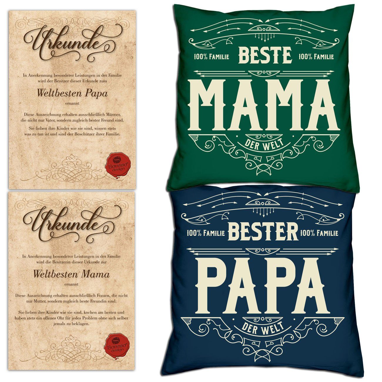 Soreso® Dekokissen Kissen-Set Bester Papa Beste Mama mit Urkunden, Weihnachtsgeschenk für Eltern dunkelgrün