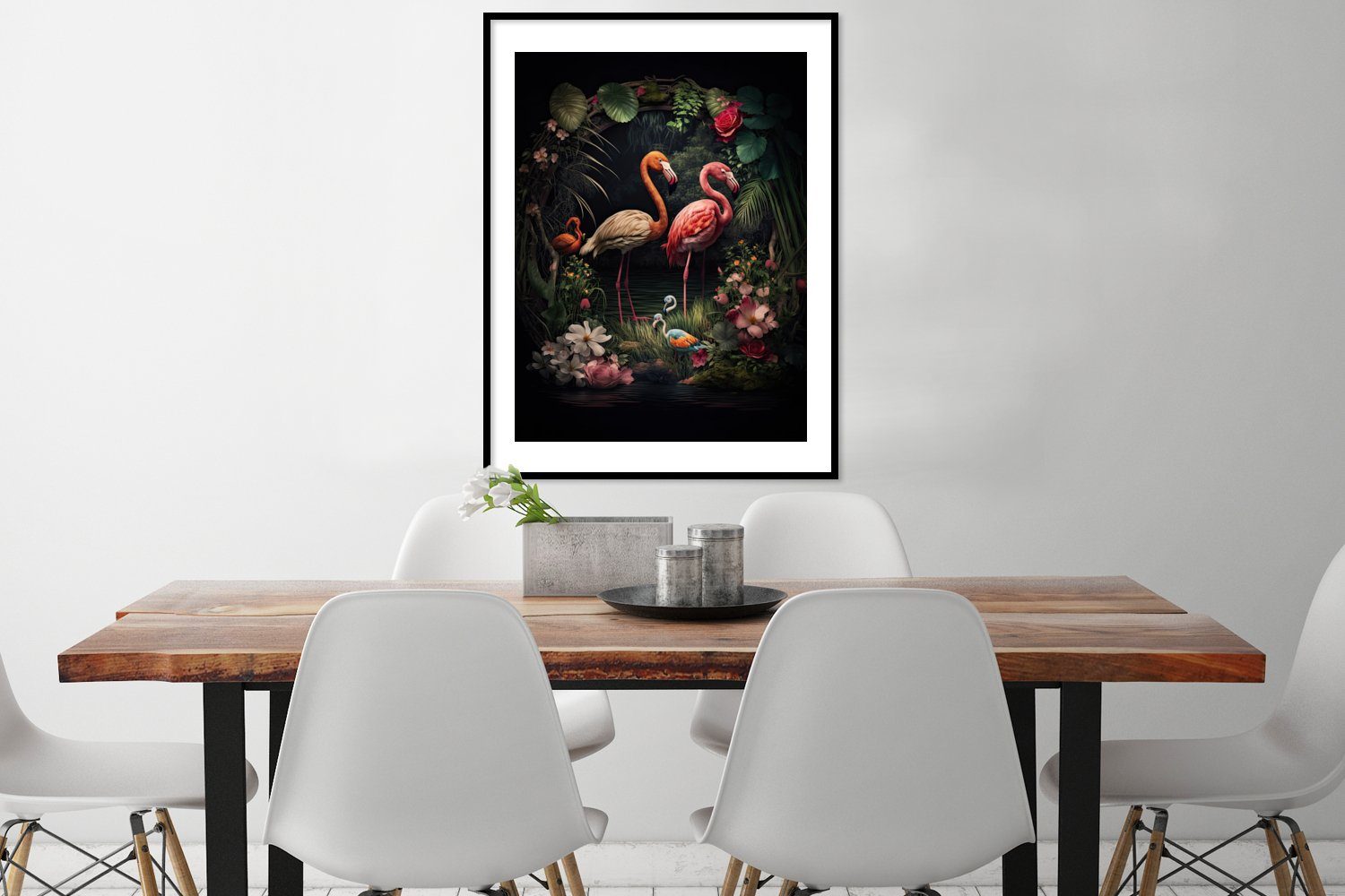 St), Bilder, - - Poster, MuchoWow Wanddeko, Rosa, - Bilderrahmen (1 Poster - Blumen Wandposter, Schwarzem Pflanzen Dschungel Gerahmtes Flamingo