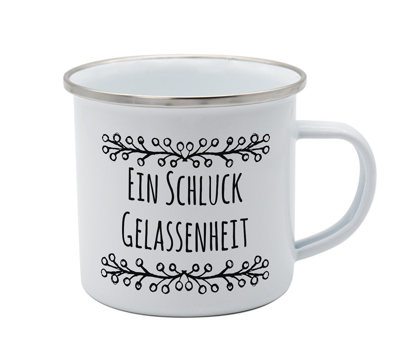 Geda Labels GmbH Tasse Schluck Gelassenheit Emaille, 1-tlg., Emaille, Weiß, 350ml, nicht spülmaschinengeeignet