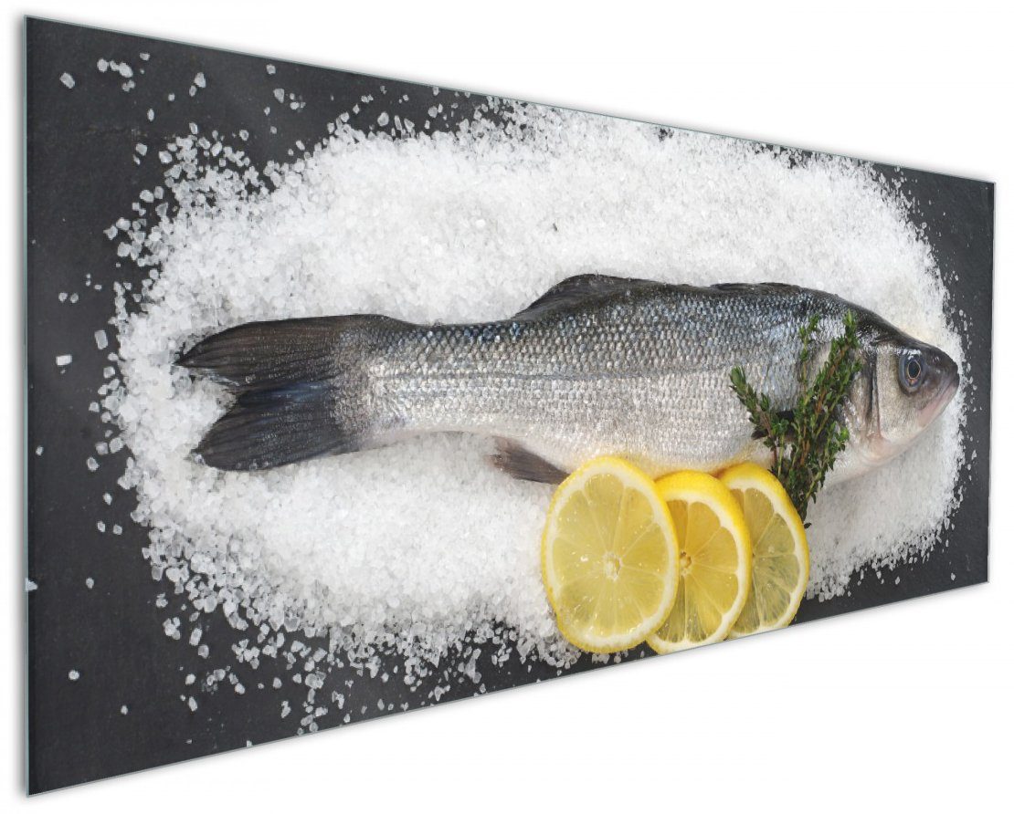 Wallario Küchenrückwand Fischmenü - Frischer Fisch auf Salz mit Zitronen, (1-tlg)
