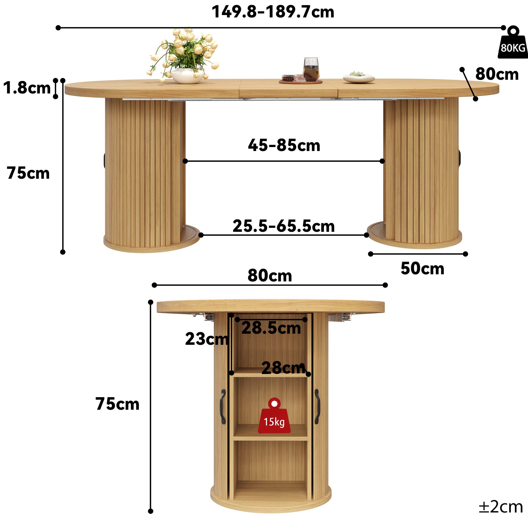 KLAM HOME Esstisch Ausziehbarer Esstisch mit verdecktem Staufach, 149,8‑189,7 cm (Multifunktionaler Küchentisch mit Teleskop‑Mechanismus ohne Werkzeug), Flexibl – Bild 3 von 5