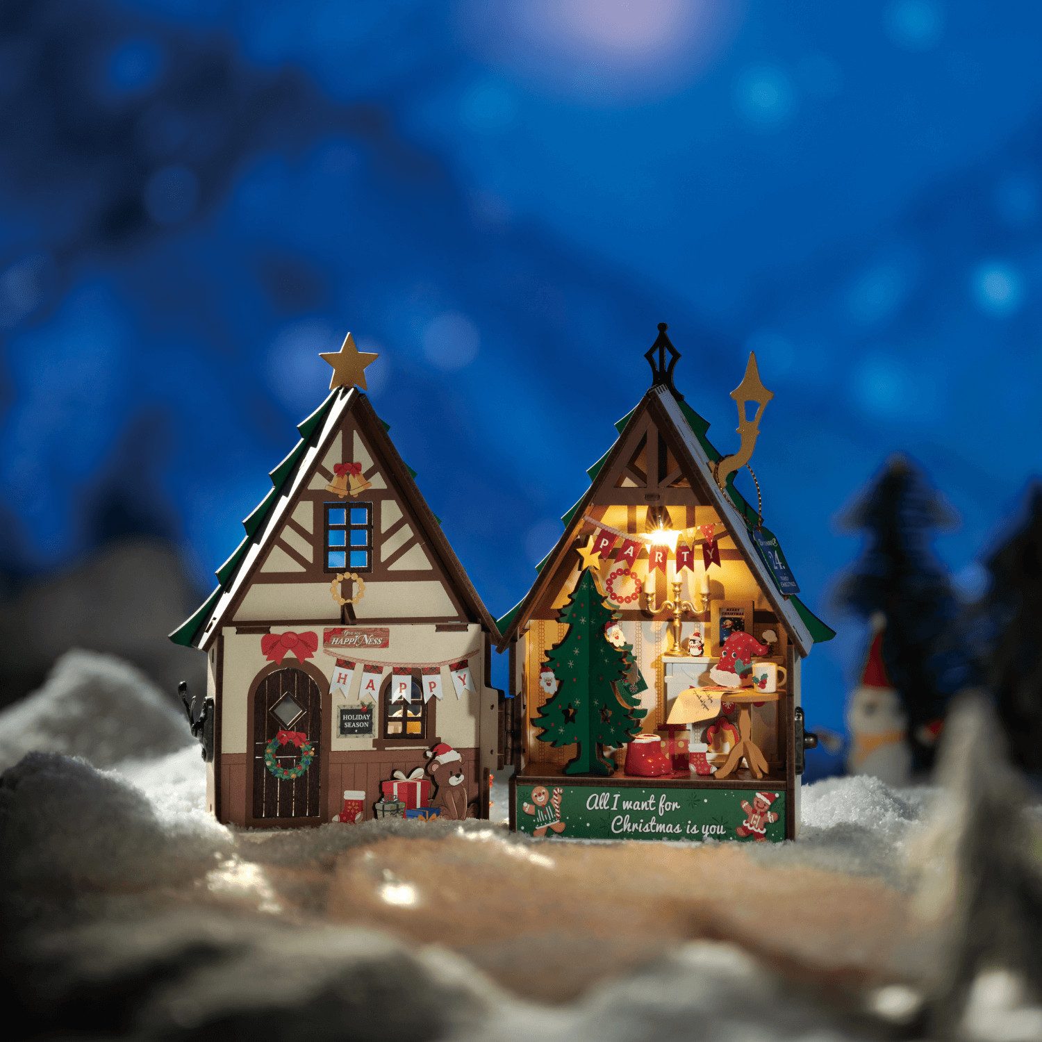 Robotime 3D-Puzzle Funkelndes Weihnachtshaus Miniaturhaus, 46 Puzzleteile