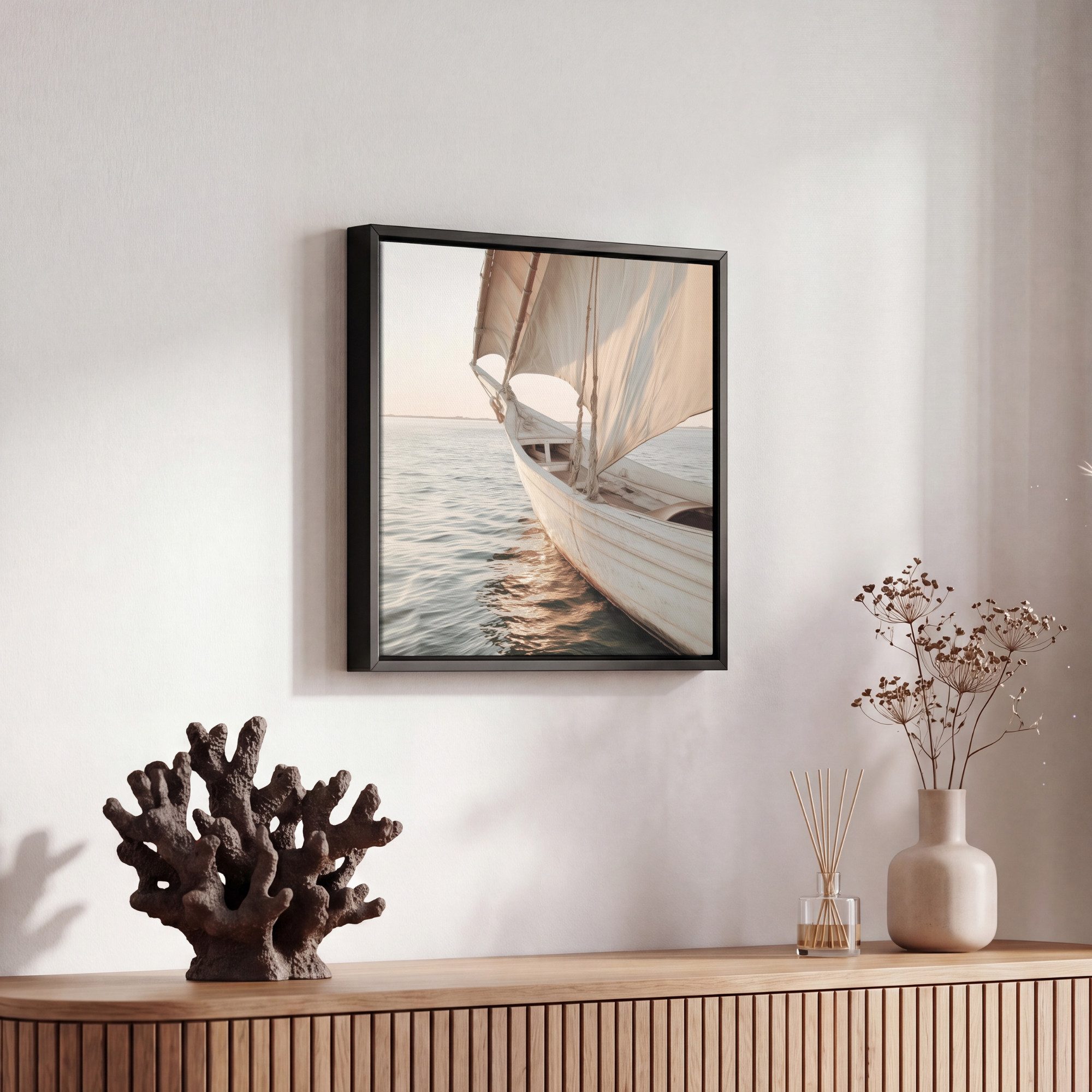 OneMillionCanvasses® Leinwandbild mit Rahmen - Segelboot - Meer - Beige - Sonne, Fotodruck (1 St), Leinwand Bilder Klein, Wand Dekoration Aesthetic 20x20cm – Bild 5 von 5