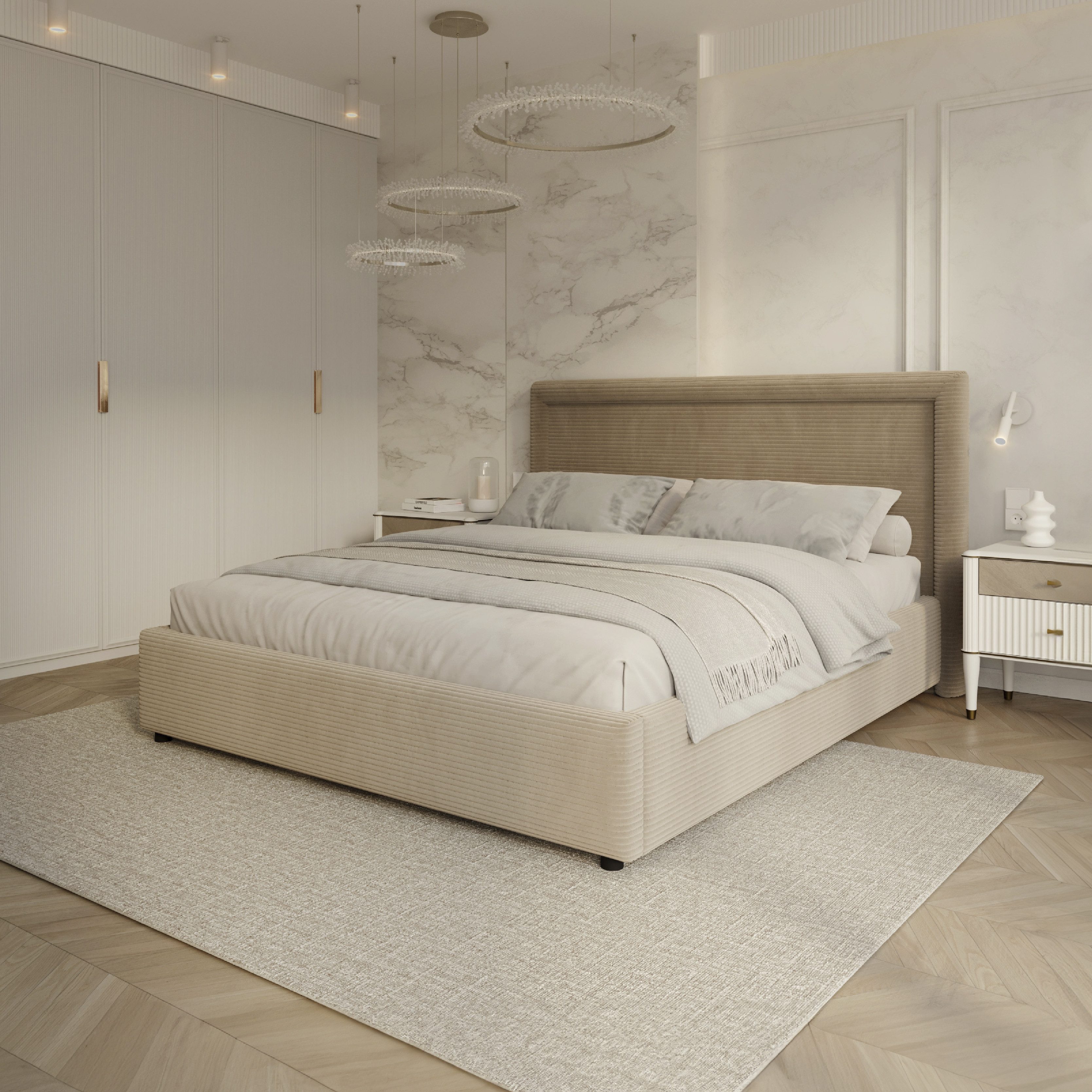 FDM Polsterbett BUSCA modern mit Bettkasten MADE IN EU - mit Cord Bezug (verfügbar 90x200 120x200 140x200 160x200 180x200cm, Bettrahmen, Bett, mit großen gepolsterten Kopfteil, mit Bettkasten zum aufklappen), Hebbarer Metallrahmen, Bettkasten, mit/ohne Matratze