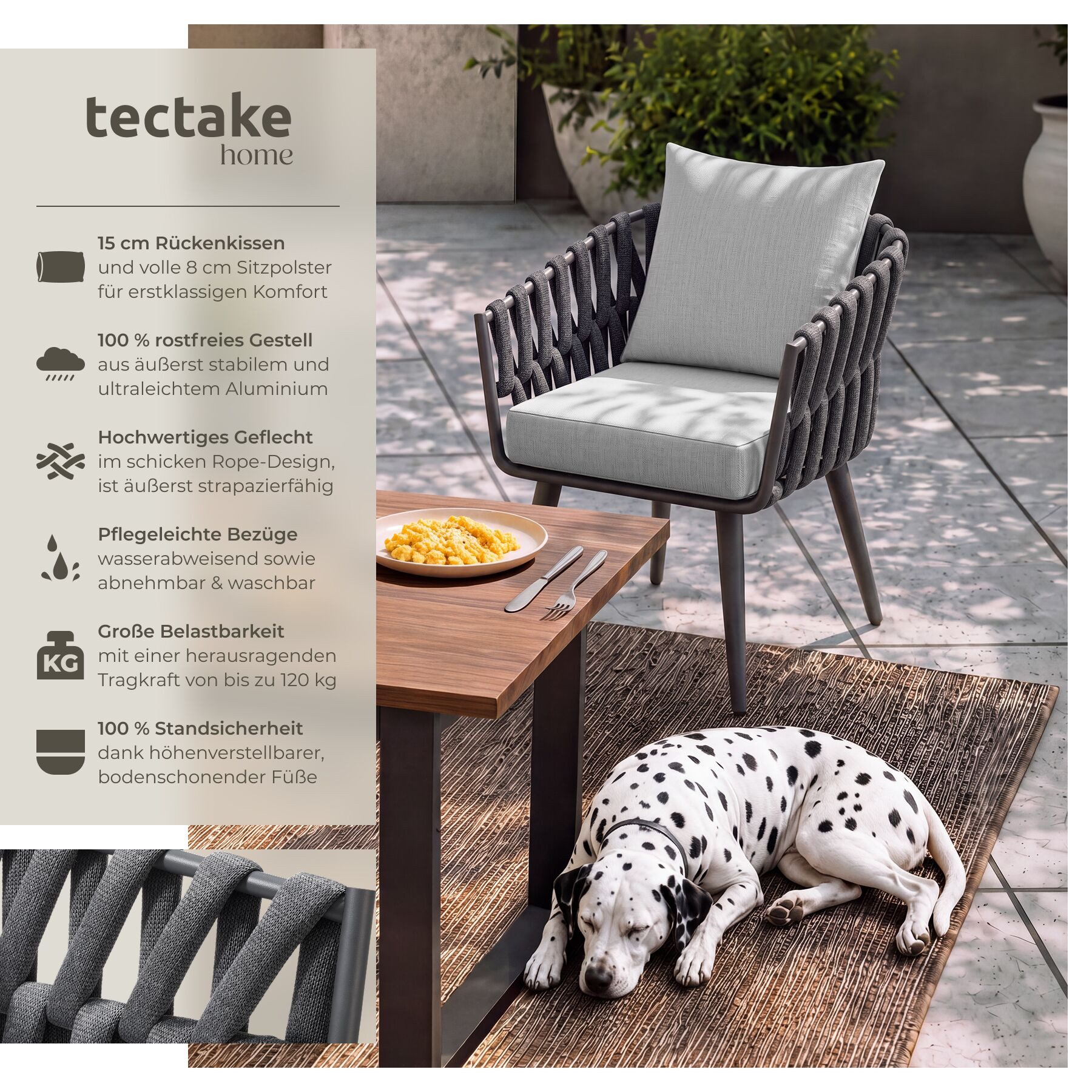 tectake Gartenstuhl Alu Outdoorstuhl mit Rope-Design, wetterfest, dicke Polsterung (Balkonstuhl Lugano, 1 St), Belastbarkeit 120 kg, Inkl. Sitzpolster und Rücke – Bild 2 von 5