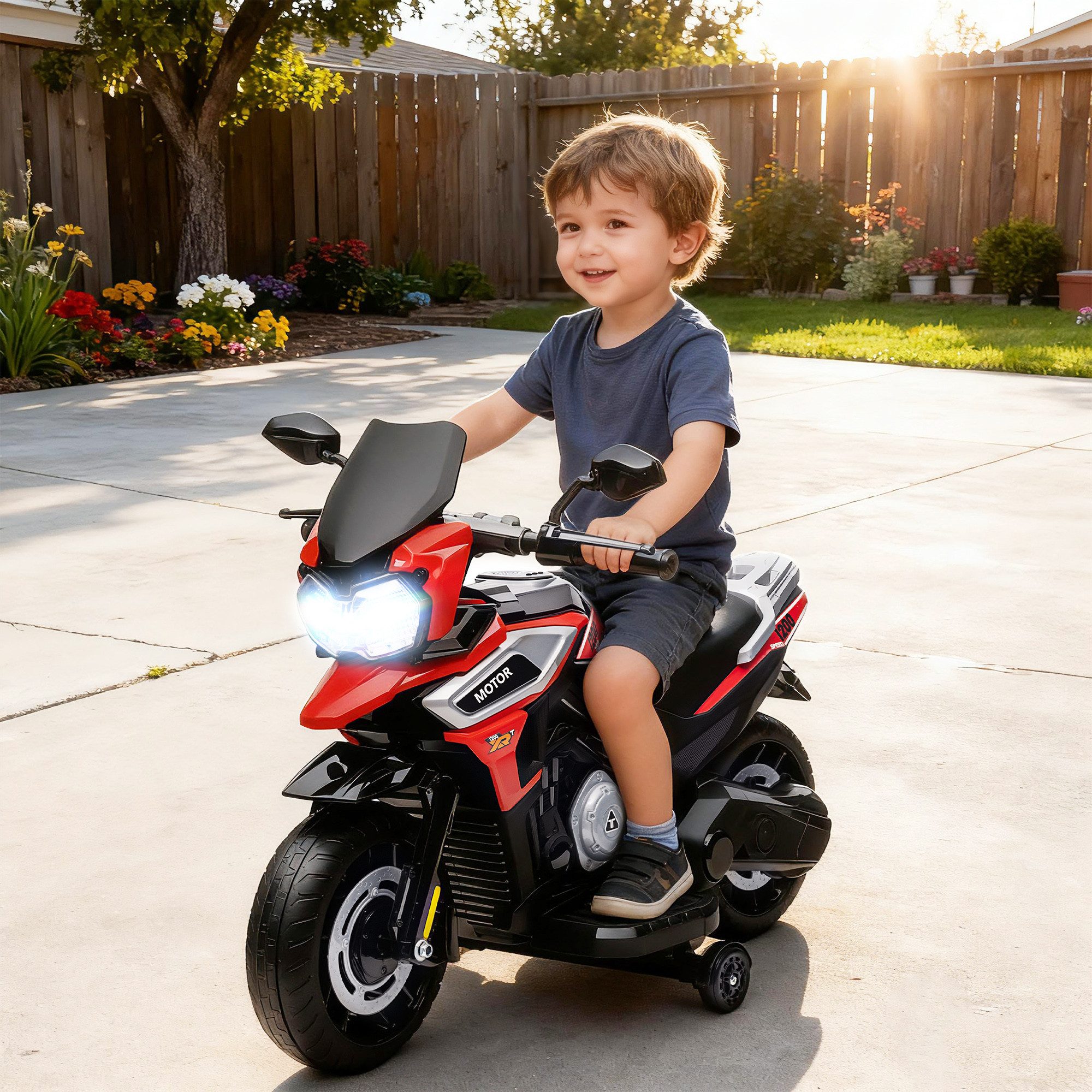 AIYAPLAY Elektro-Kindermotorrad Aufsitz-Fahrzeug, Stützräder, Lichter, Musik, Belastbarkeit 30 kg, (1-tlg), für Kinder von 18-36 Monaten, Rot