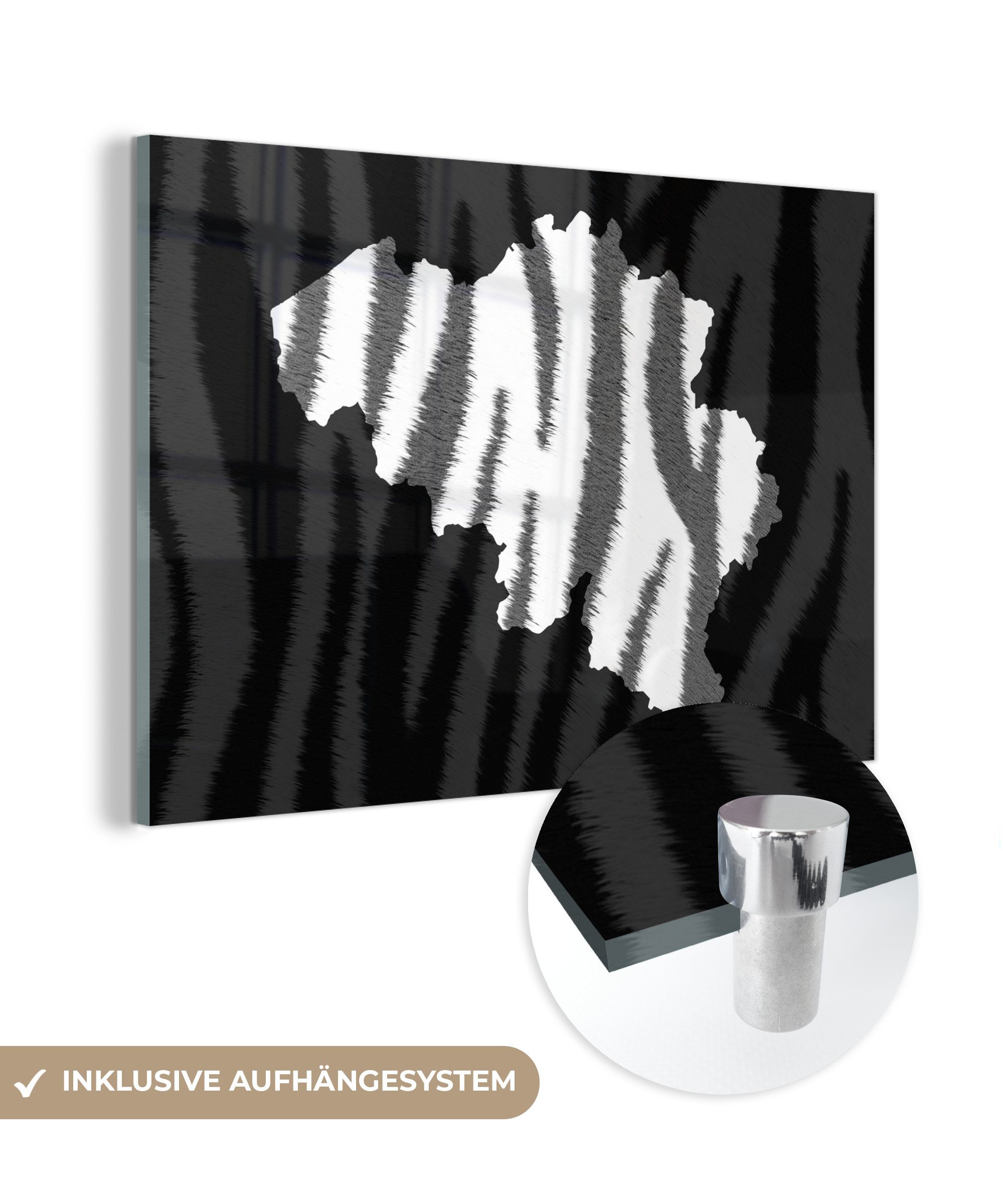 MuchoWow Acrylglasbild Karte - Belgien - Zebra, (1 St), Acrylglasbilder Wohnzimmer & Schlafzimmer