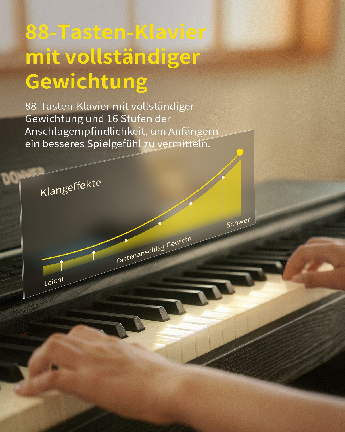 Donner Digitalpiano DDP-95 88 Tasten mit Hammergewicht 610 Soundvarianten Bluetooth (Set), Drahtlose Verbindung, Aufnahme 4,3-Zoll-LCD-Display