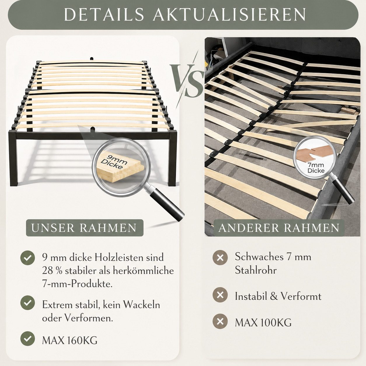 GLIESE POWER Einzelbett Bettgestell 90x200 cm – Stabil & Langlebig (Metallbettgestell), 160 kg, 6 Matratzenstopper, leise, 30 cm hoch, 9,9 kg – Bild 4 von 5