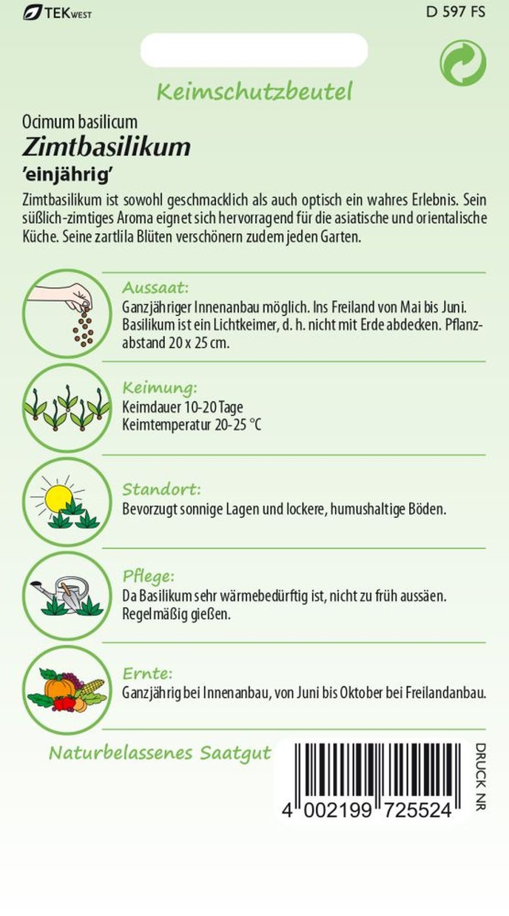 SAMEN PFANN Kräutersamen Zimt-Basilikum - Geschmack süß-zimtig-exotisch, Kräuter-Samen Gewürz, Ocimum basilicum