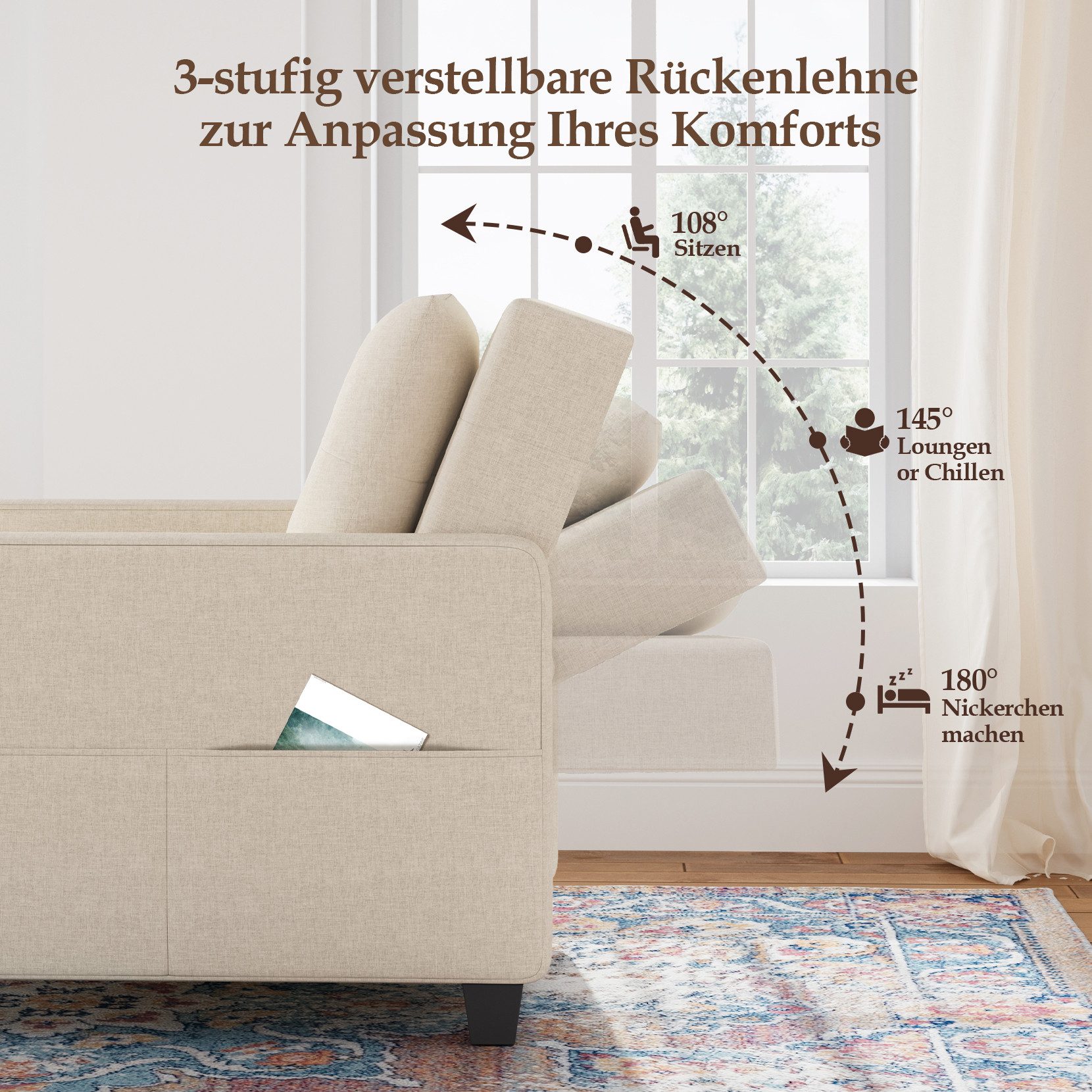 OUNUO Sofa Schlafsofa Klein 3 in 1, Klappsofa & Schlafhocker mit Bettfunktion