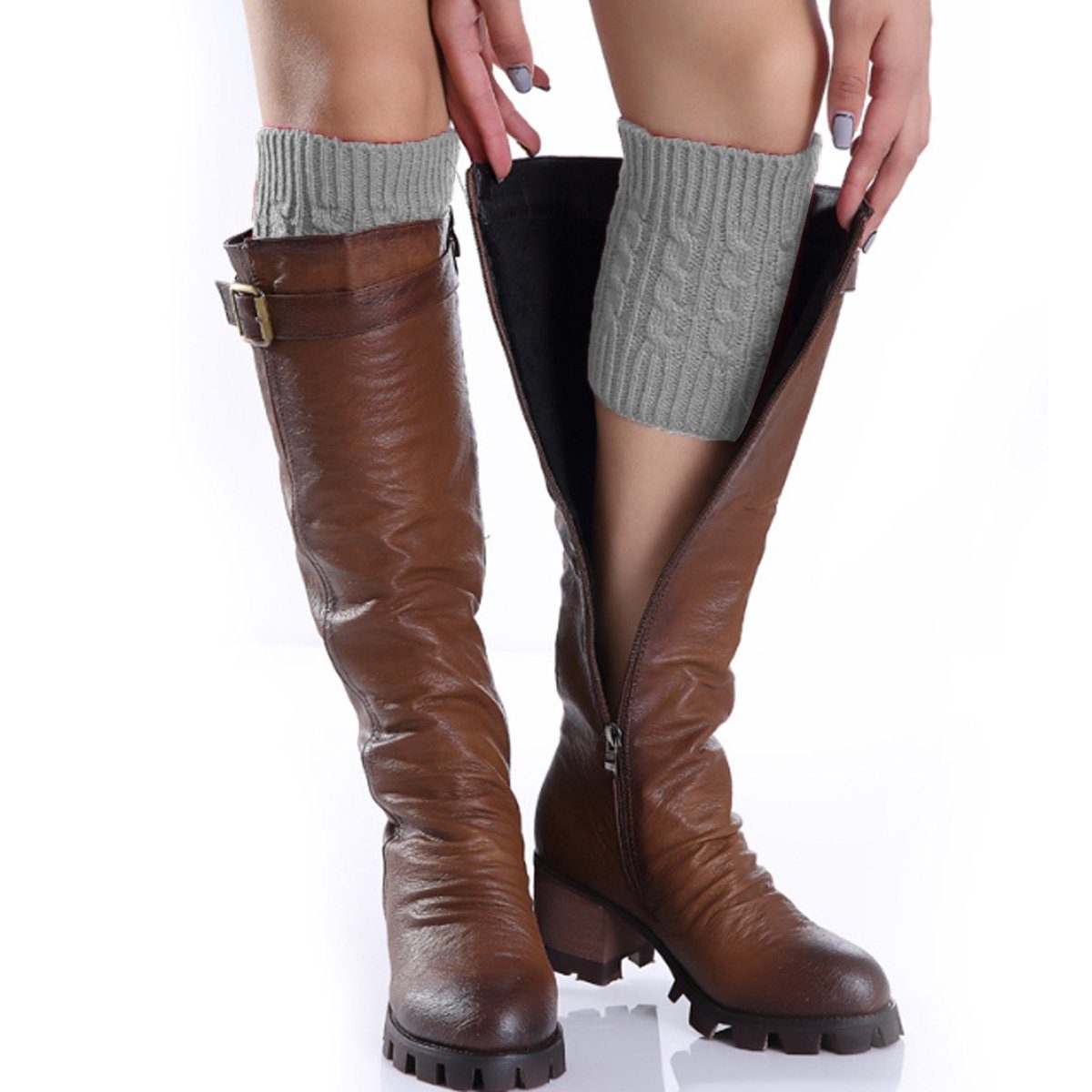 Jormftte Beinstulpen gestrickte khaki Winter Hellgrau Stiefel für Manschetten kurz Dunkelgrau Beinstulpen Frauen