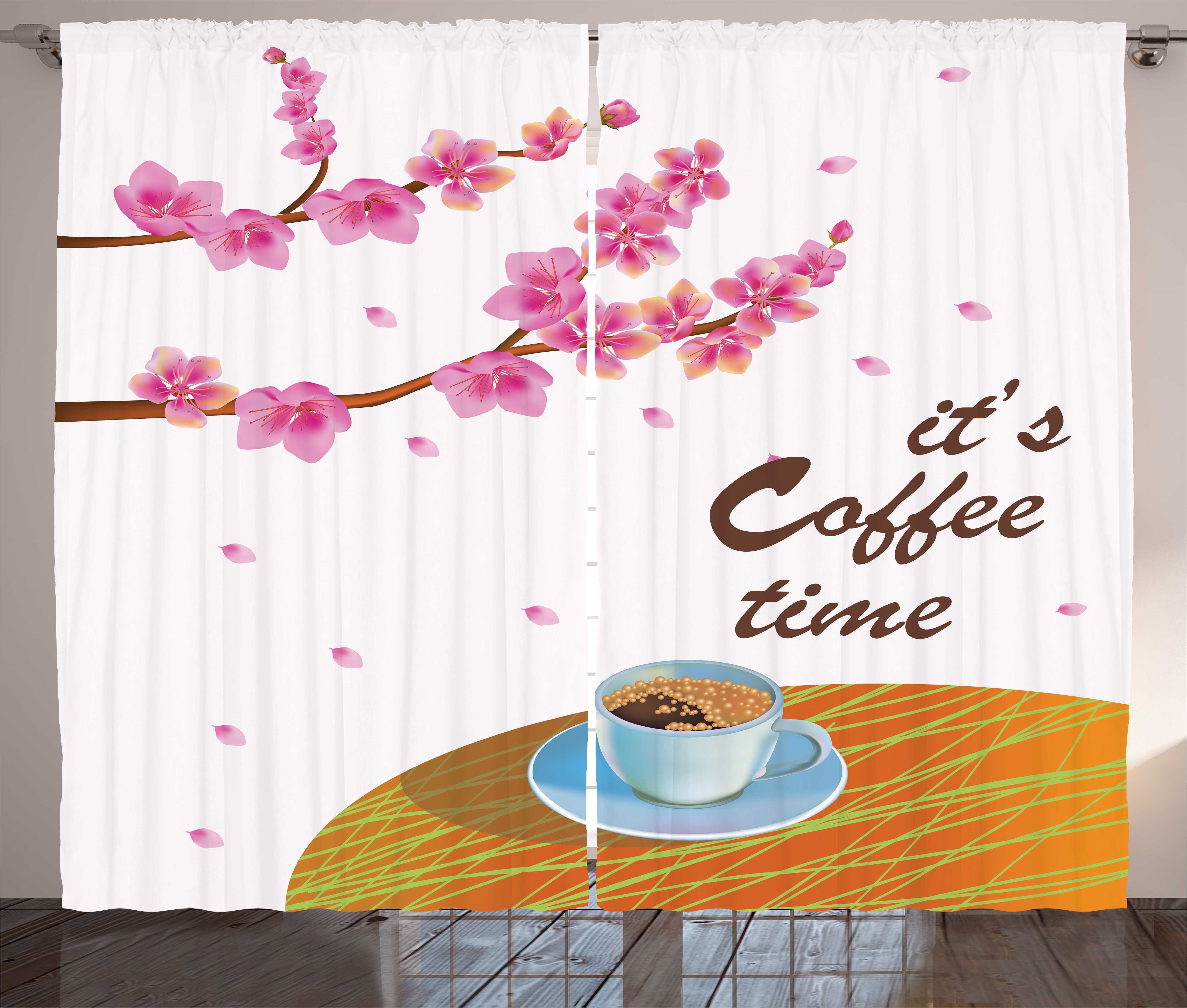 Gardine Schlafzimmer Kräuselband Vorhang mit Schlaufen und Haken, Abakuhaus, Kaffeezeit Cherry Blossom und Cup