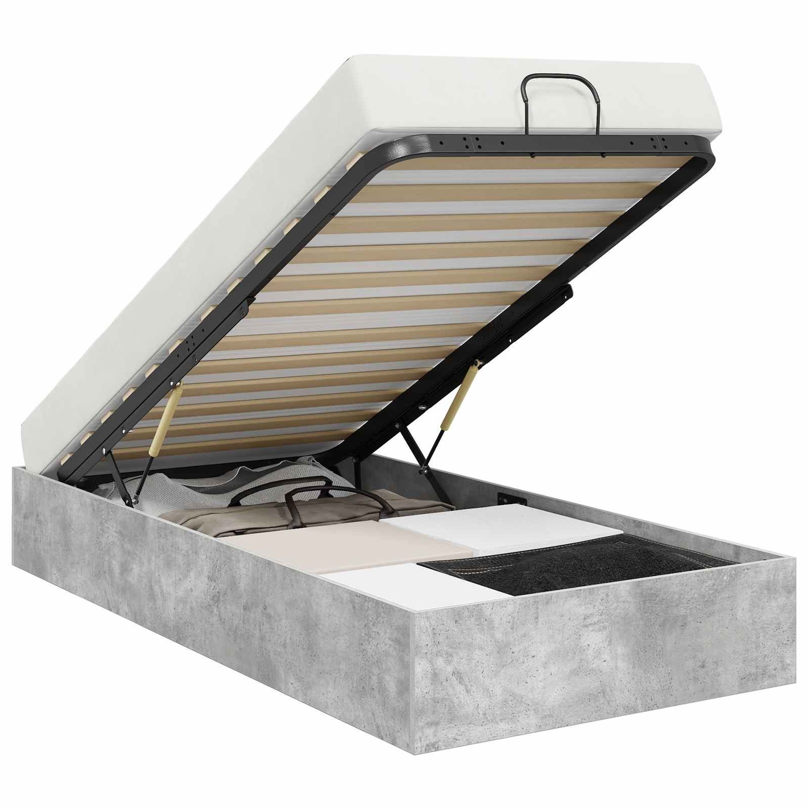 furnicato Stauraumbett Ottoman Bettgestell 100 x 200 cm Betongrau (1-tlg), Stauraumbett mit Gaslift-Mechanismus und Griffen für dein Schlafzimmer