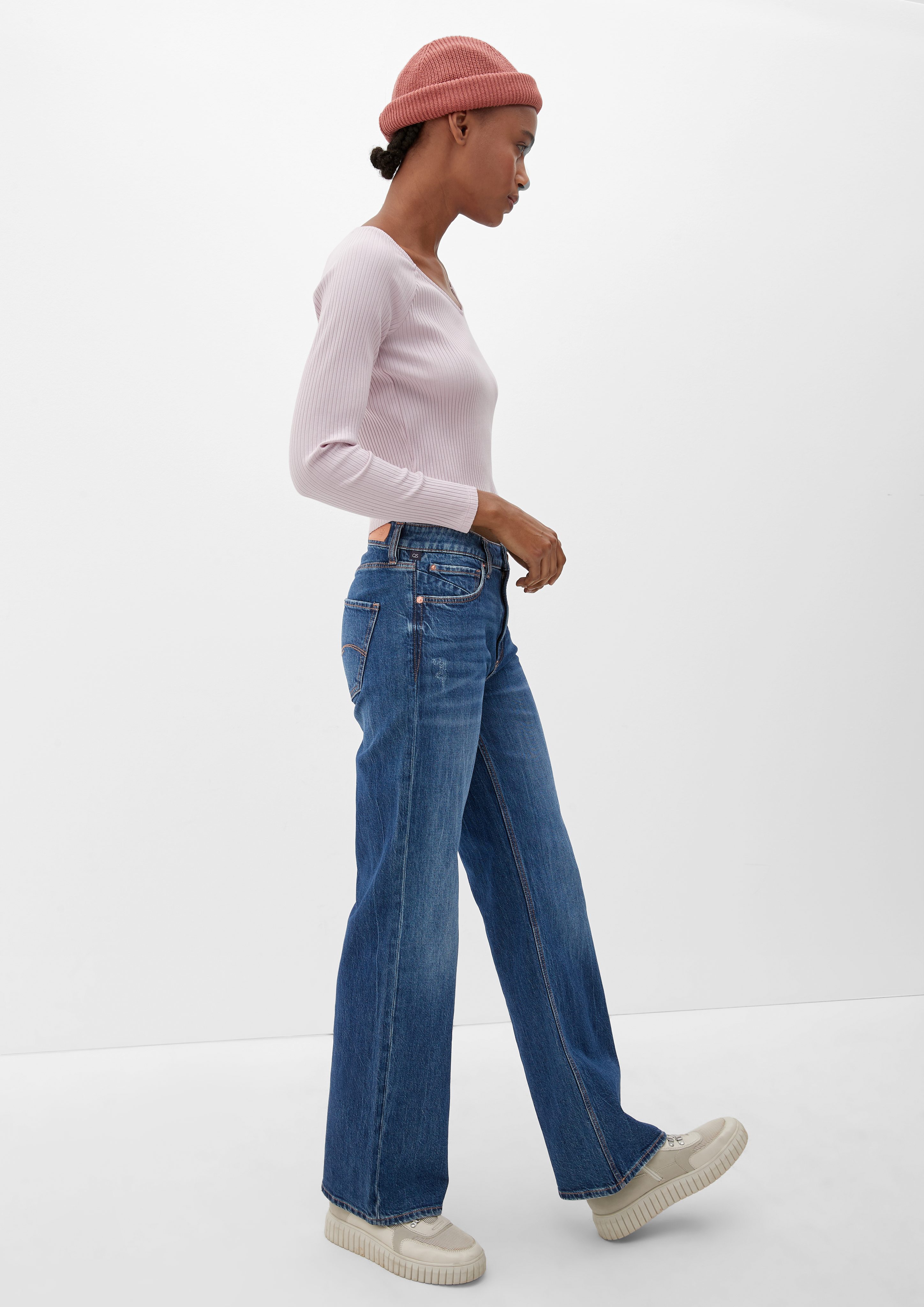 Knopfverschluss, Slim Rise der in hat Reißverschluss Leg Jeans / 5-Pocket-Form, / Waschung, Stoffhose Catie einen QS / Fit ist Wide verdeckt High