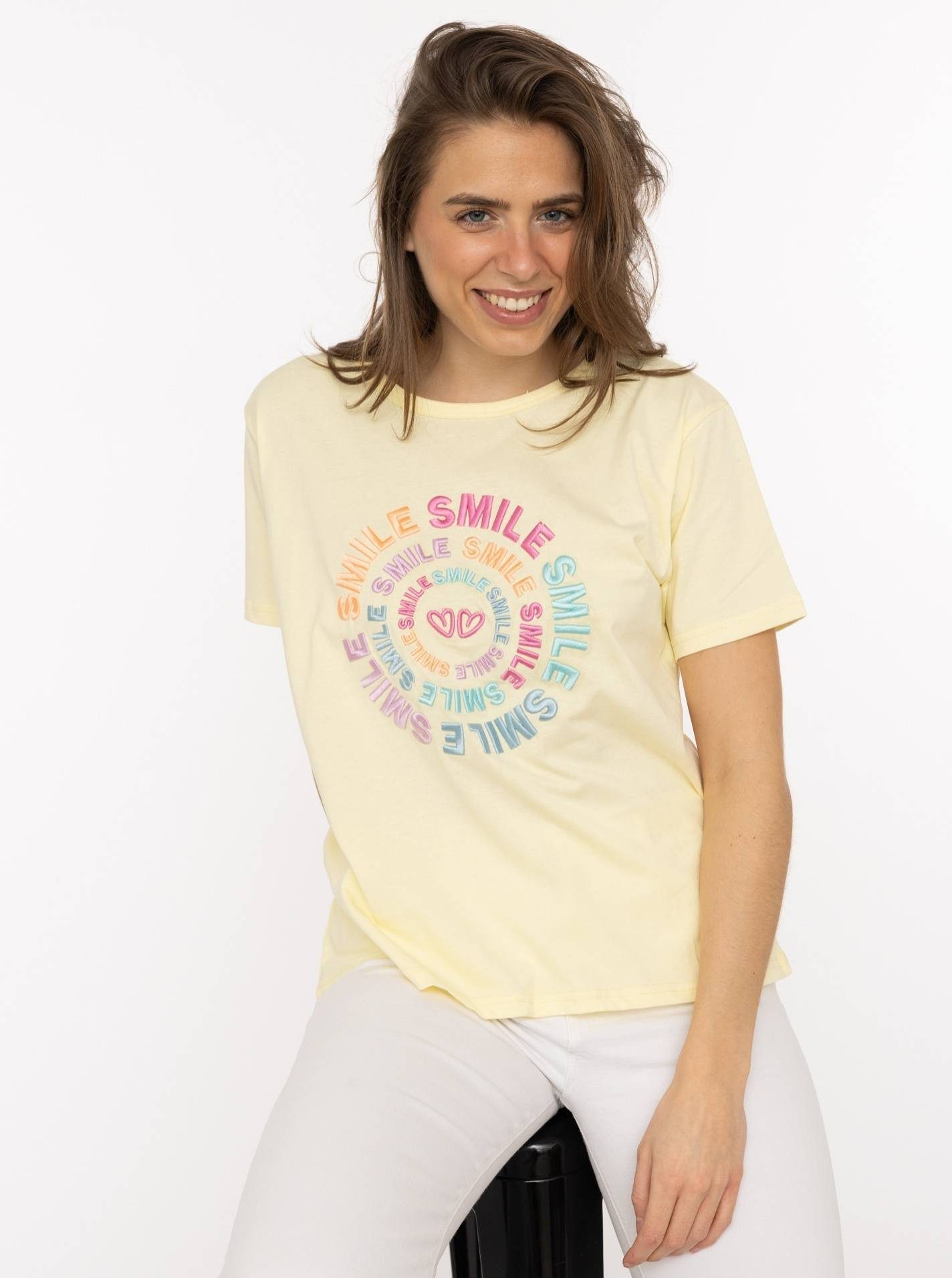Zwillingsherz T-Shirt "Smile" Farbenfrohe runde Stickerei, Rundhals, kurzar günstig online kaufen