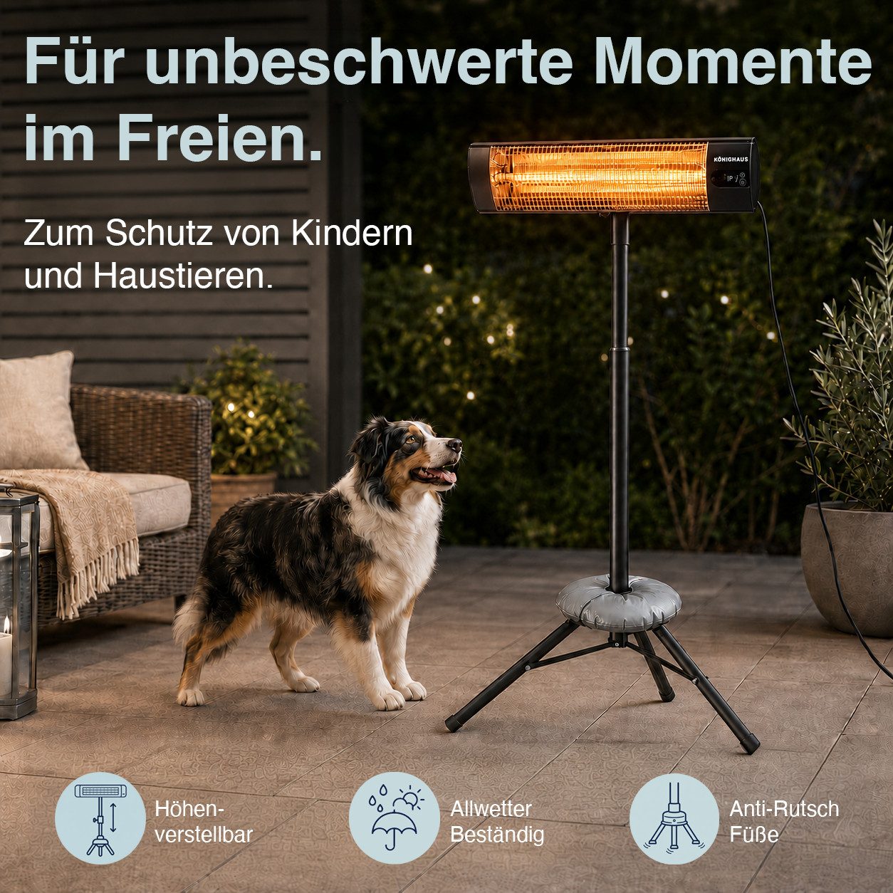 Könighaus Heizstrahler Infrarot-Terrassenheizstrahler, 2000 W, mit Stativ & Wandhalterung, 2000 W, 2 Heizstufen, Fernbedienung, Timer, 2,80-m-Kabel, Schutzhülle, IP44