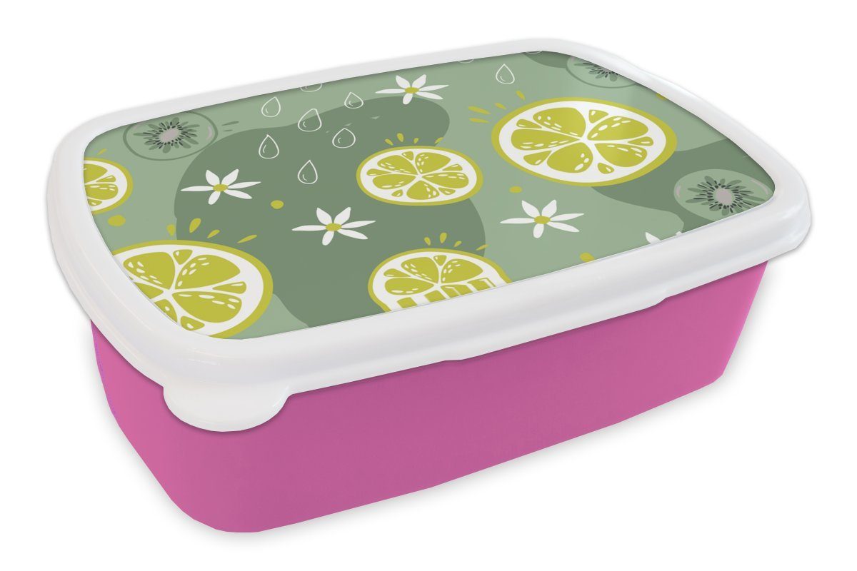MuchoWow Lunchbox Sommer - Zitrusfrüchte - Kiwi - Blumen, Kunststoff, (2-tlg), Brotbox für Erwachsene, Brotdose Kinder, Snackbox, Mädchen, Kunststoff rosa