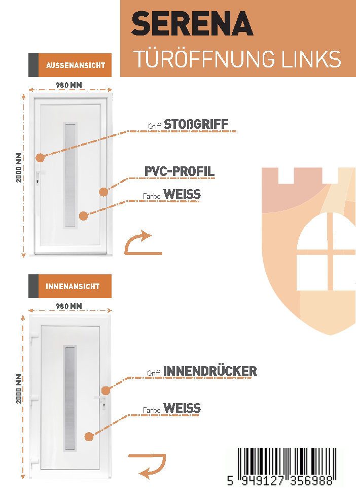 SN Deco Haustür Serena mit Edelstahlstoßgriff/Türknopf, 980x2000 mm, Thermisch getrennte Alu-Bodenschwelle sowie Wetterschenkel