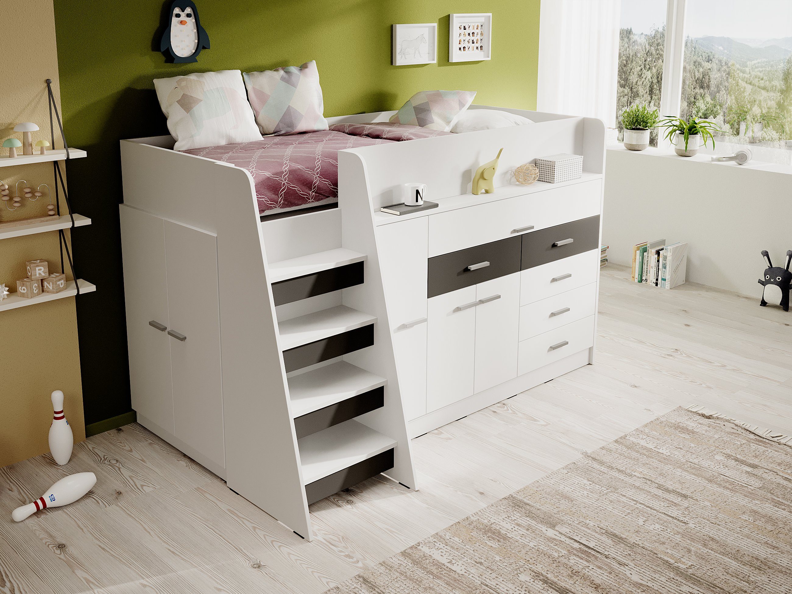 Möbel für Dich Hochbett Ingenio mit ausziehbarem Schreibtisch, Treppe und viel Stauraum mit Lattenrost Fronten weiß/schwarz