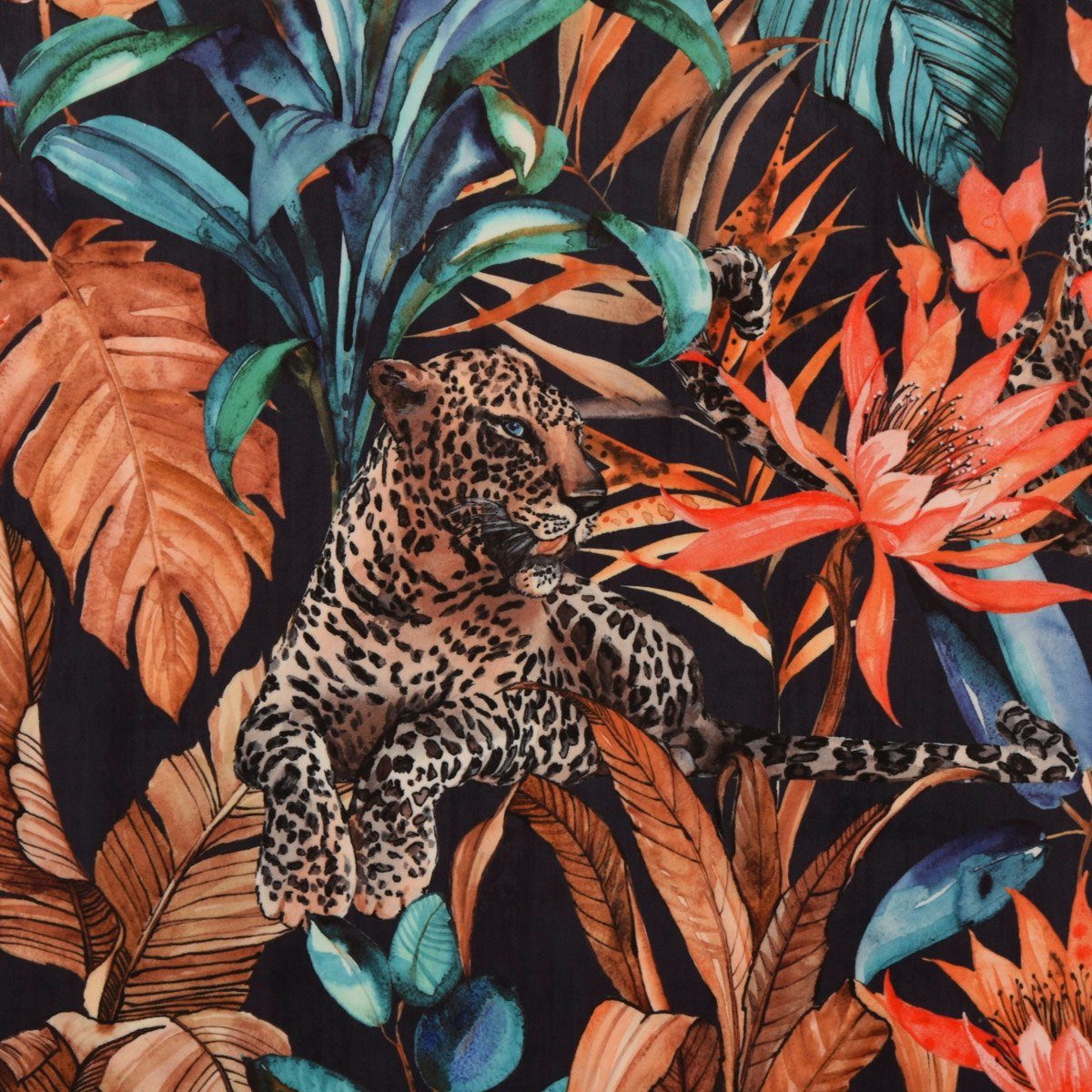 SCHÖNER LEBEN. Stoff Samtstoff Dekostoff Leopard Dschungel schwarz orange  blau 1,45m