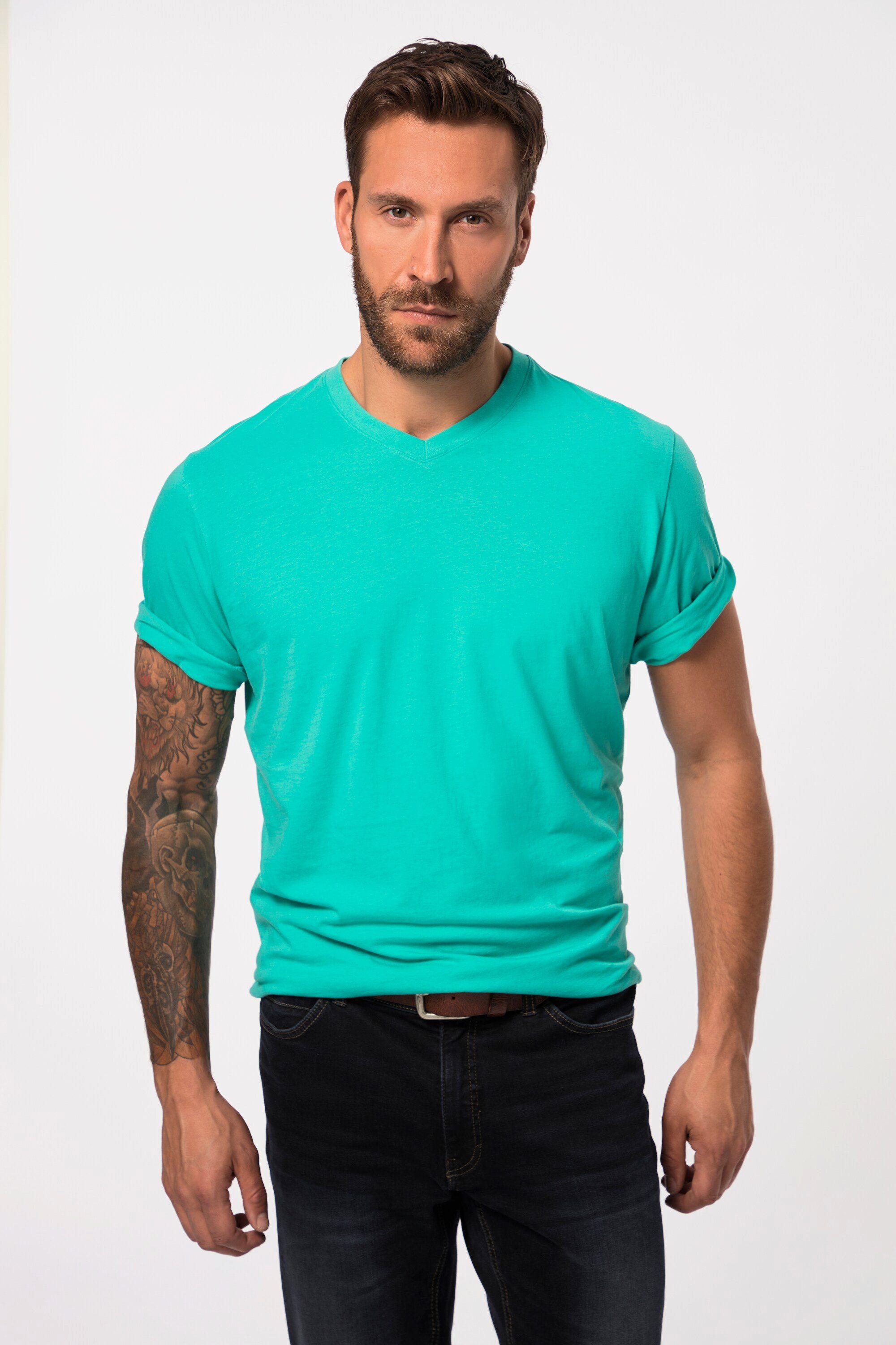 JP1880 T-Shirt karibikgrün helles T-Shirt V-Ausschnitt Basic 8XL bis