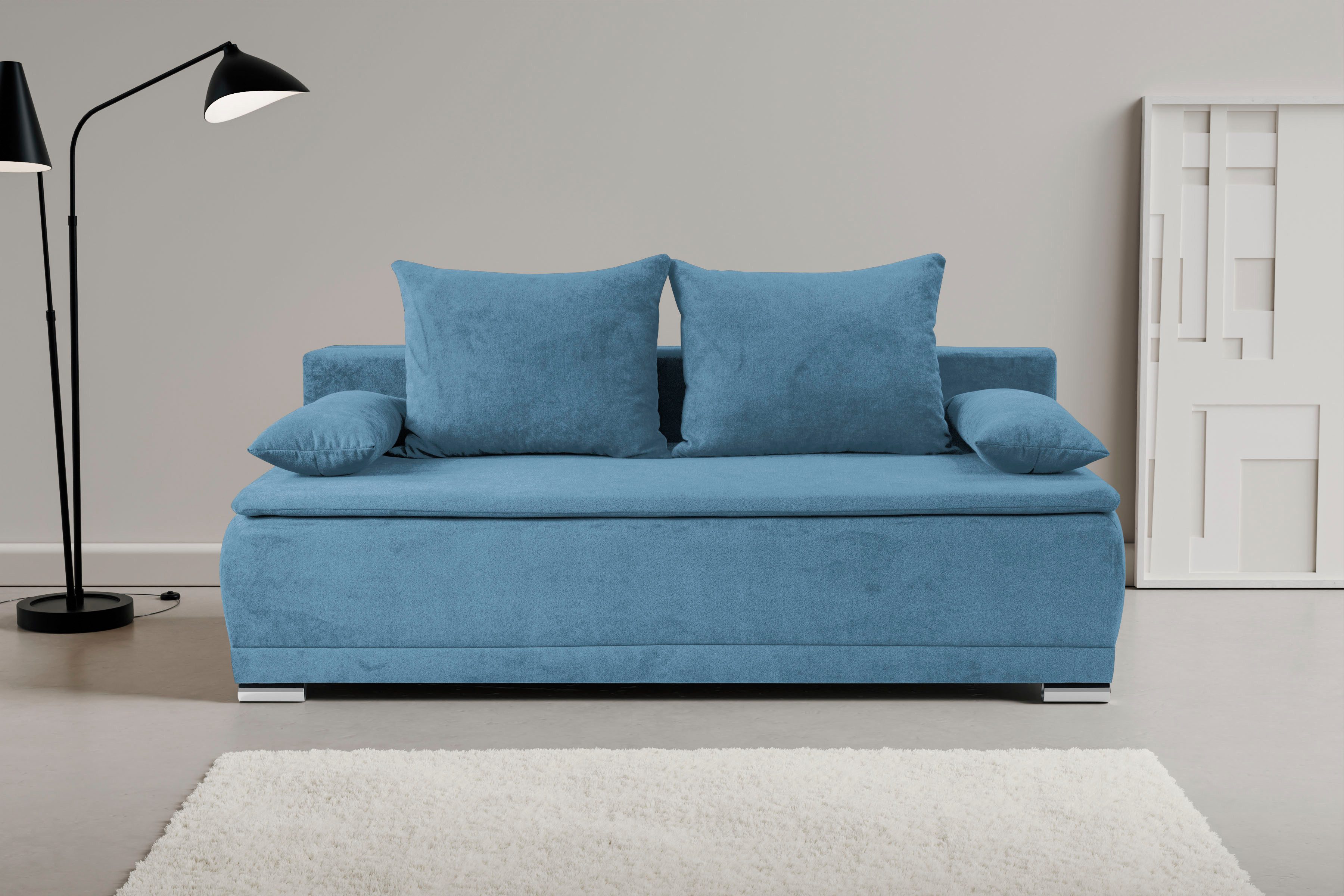 WERK2 Schlafsofa Biggi komfortabel & elegant, Schlaffunktion, Bettkasten, Breite 206 cm, inkl. losen Kissen, Struktur weich ASTON, hellblau