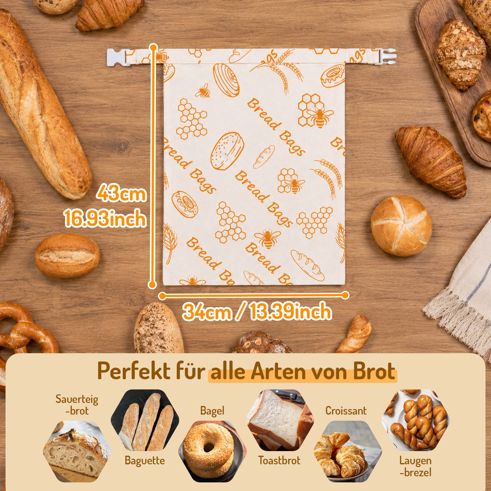 JOYOLEDER Brottasche Bienenwachs Brotbeutel 2 Stück, 43×34 cm Wiederverwendbar, (für Brot, Brotbeutel Aufbewahrung Frischhalten, mit Reißverschluss, zur Aufbewa – Bild 2 von 5