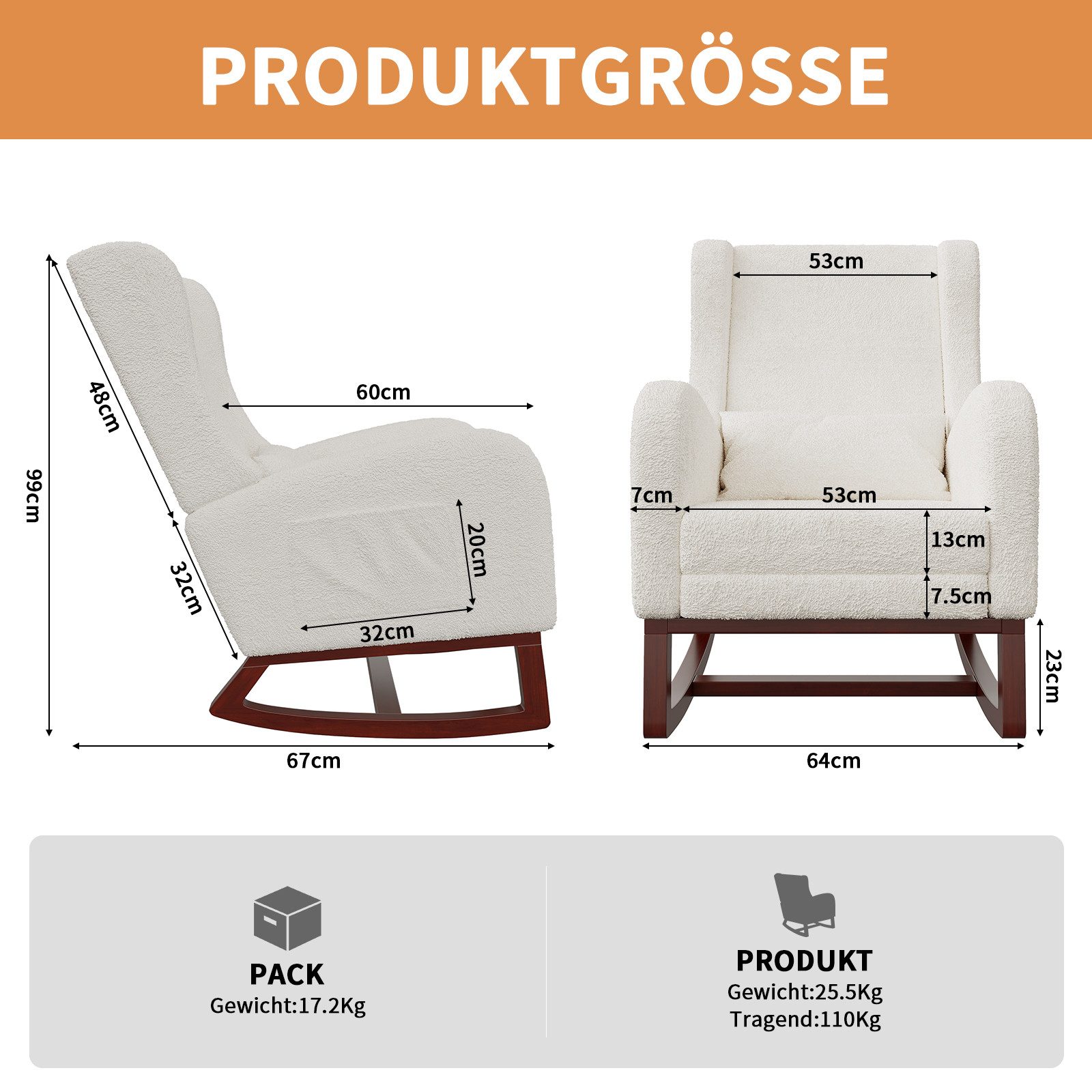 FUROKOY Schaukelstuhl Relaxsessel Stillsessel mit Holzsockel Fußstütze (Set, 1 St), Schaukelsessel,Teddystoff,2 Seitentaschen,1 Lendenkissen,Beige