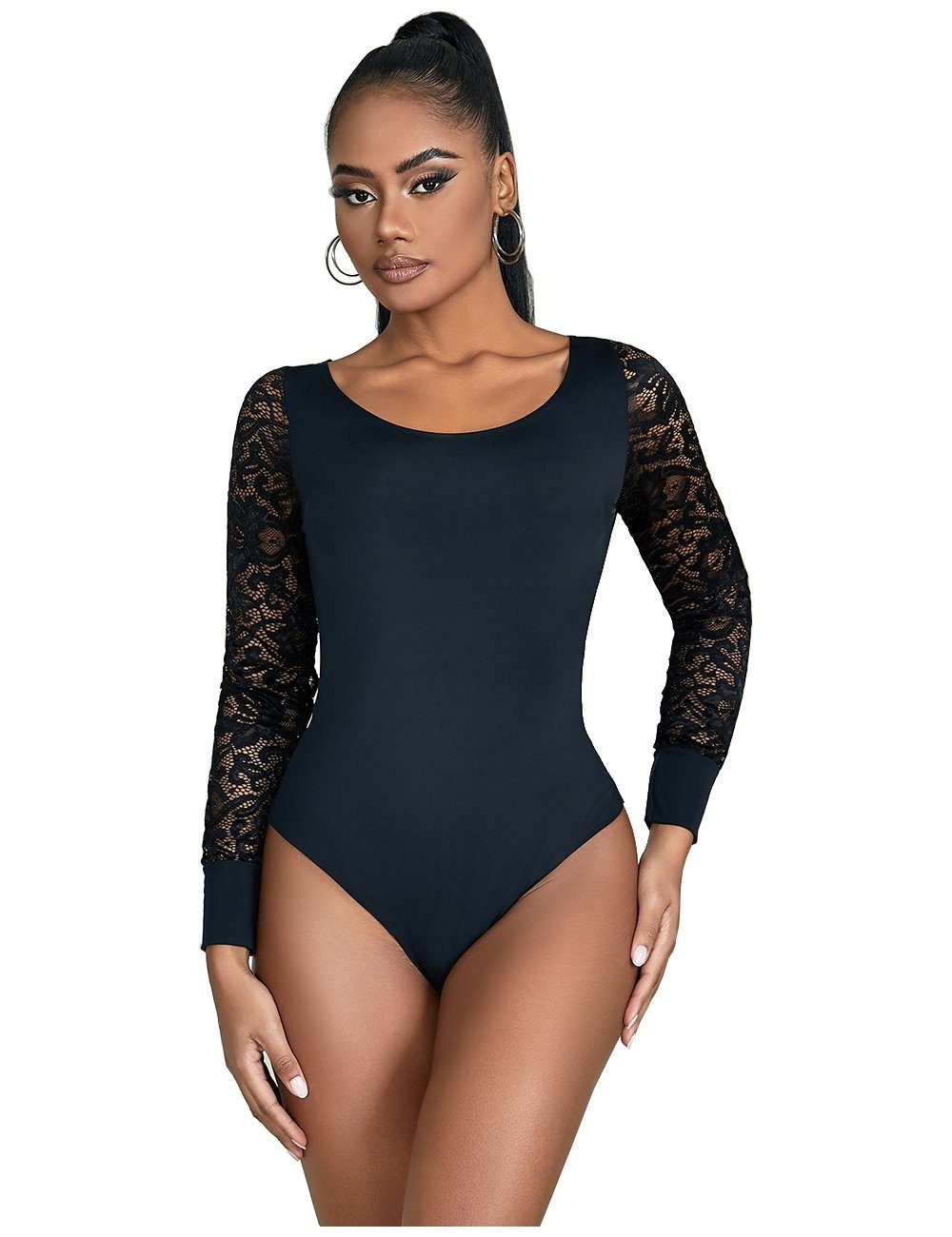 Body Bodysuits Langarm Spitze Lace Unterwäsche Blumen Reizwäsche S/XL