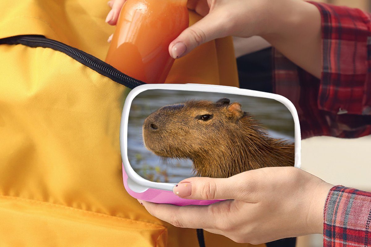 Lunchbox eines für (2-tlg), Eine Erwachsene, Kunststoff Capybaras, Kinder, Kopfes Brotdose rosa MuchoWow Mädchen, des Kunststoff, Snackbox, Nahaufnahme Brotbox