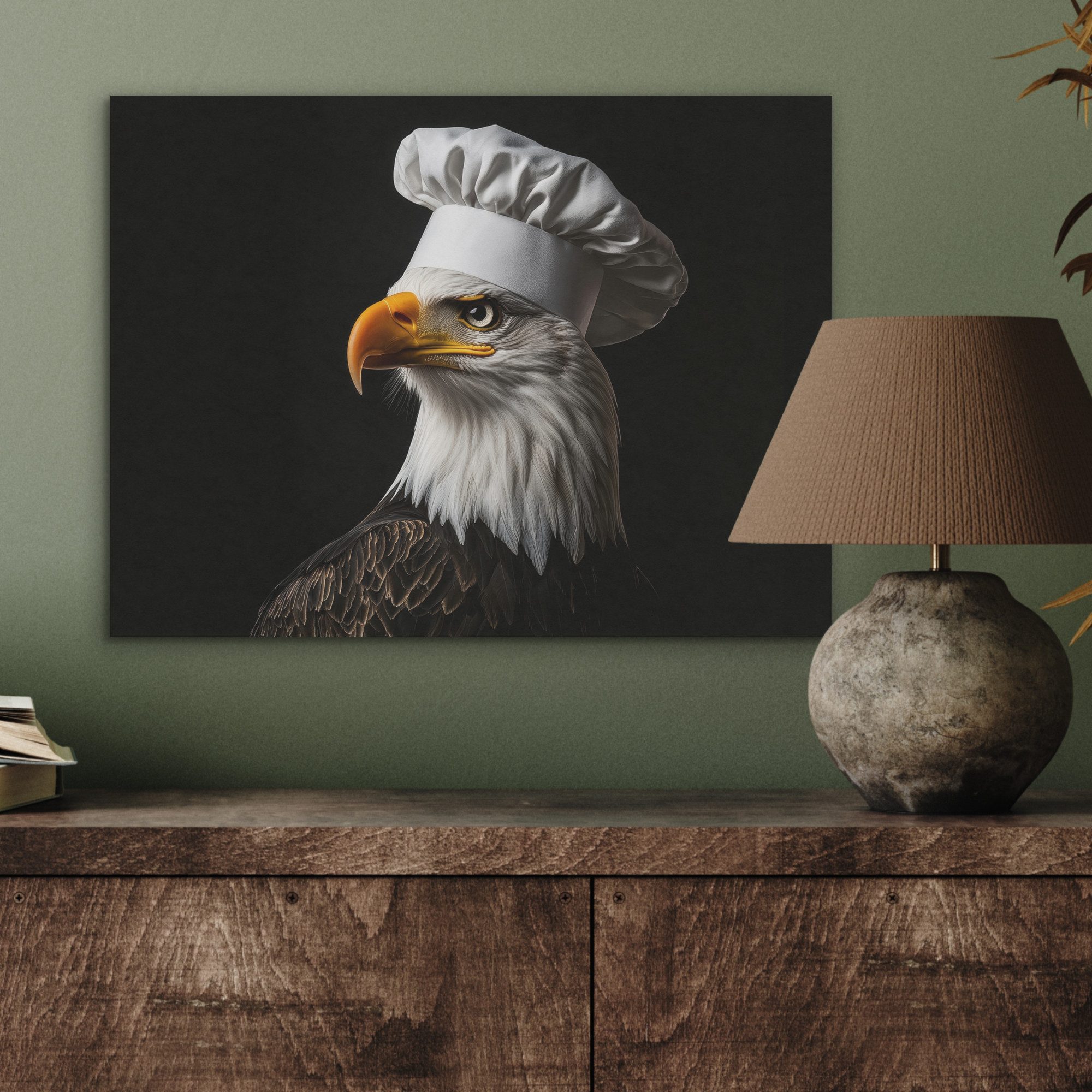 MuchoWow Gemälde Adler - Amerika - Kochmütze - Vogel - Cool - Küche, Fotodruck (1 St), Akustikpaneele PET-Filz, Akustikbild, Schalldämmung, Deko 40x30 cm