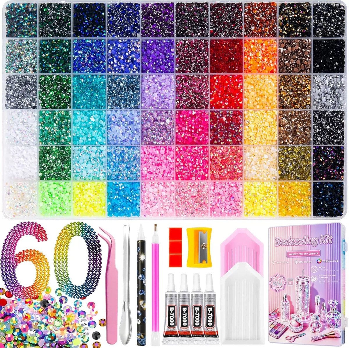CLTYQ Schmuckset 48.000 Strasssteine 3 mm, 60 Farben, Nailart & Make-up, Enthält vier Flaschen B7000-Schmuckkleber(je0,3 fl oz) sowie Werkzeuge