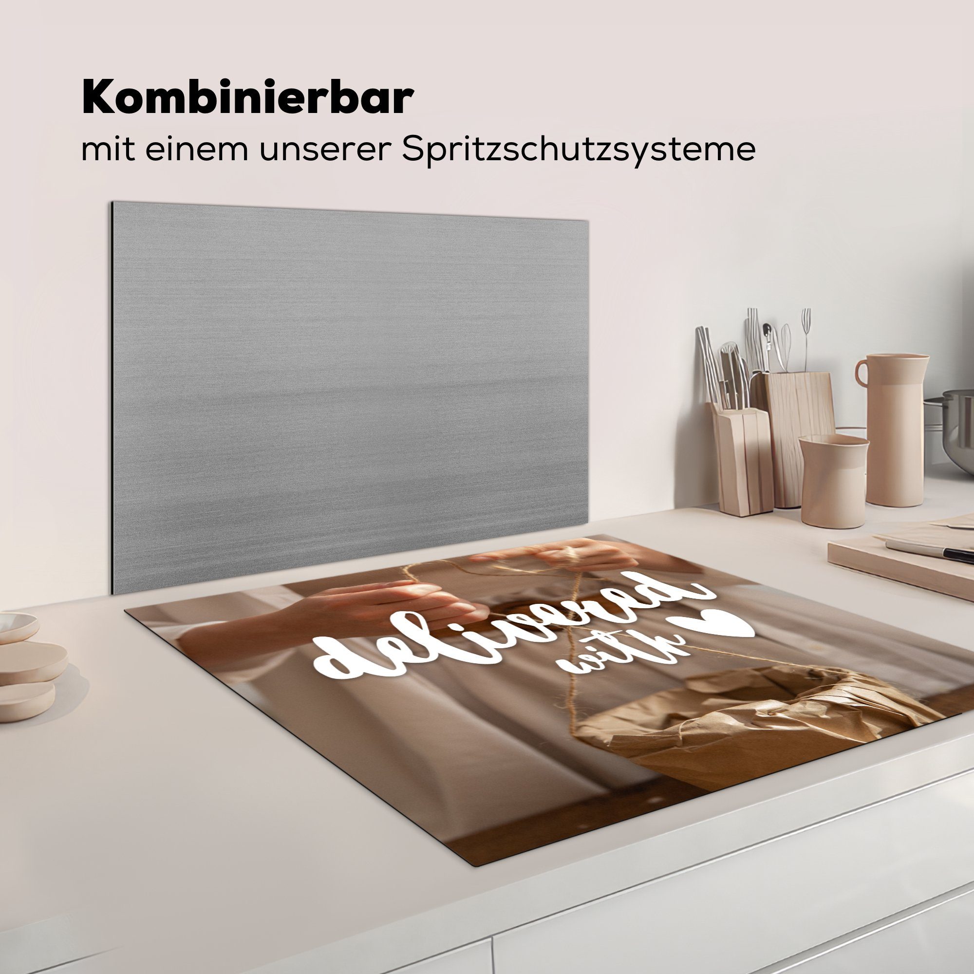 - Vinyl, MuchoWow cm, 78x78 'Mit Herdblende-/Abdeckplatte Ceranfeldabdeckung, - Arbeitsplatte für Liebe befreit, (1 Sprichwörter tlg), Zitate küche