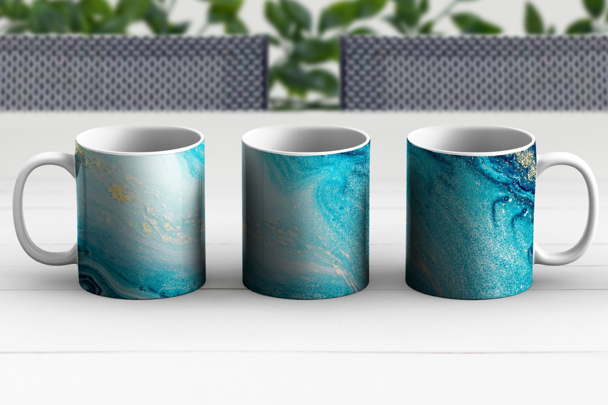 MuchoWow Tasse - Blau Marmoroptik Kaffeetassen, - - Teetasse, Teetasse, Keramik, Becher, Geschenk Marmor, Glitzer - Luxe Gold 