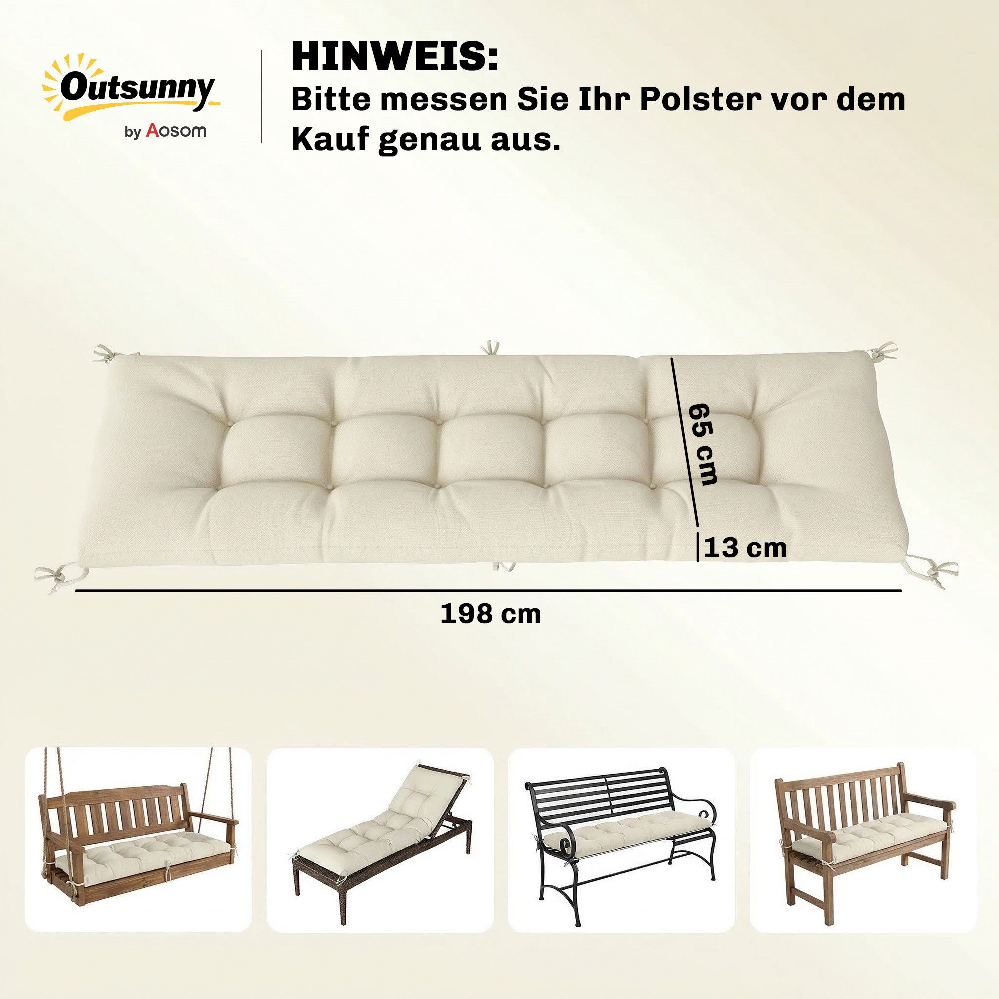 Outsunny Sitzkissen Abnehmbar Palettenpolster Outdoor Kissen mit Befestigungsbändern, für die meisten Liegen 198 x 65 x 13 cm, Beige