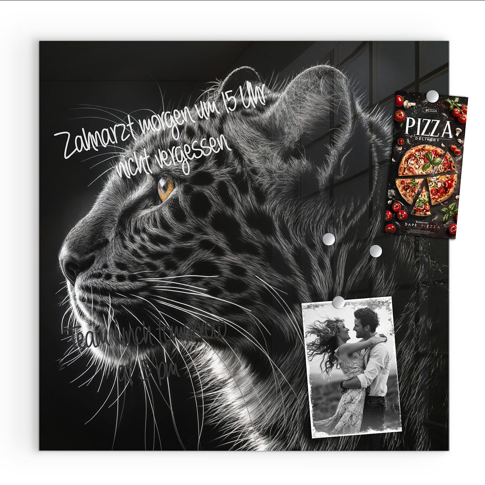Primedeco Magnettafel Glas Leopard Silhouette Pinnwand Whiteboard beschreibbar, (Inklusive Stift, Magnete und Montagematerial, 1-tlg., 9 verschiedene Größen), Magnetisch und Beschreibbar