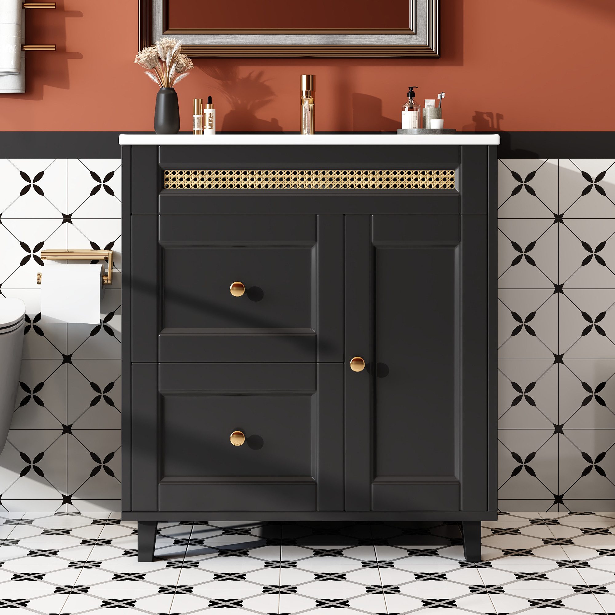 STILVORA Waschtisch Badezimmerwaschtisch mit Soft-Close-Funktion und Keramikwaschbecken (Badschrank mit geräuschlose Schubladenschienen, goldene Griffe und Rattanverzierungen), mit Einteiligen Keramik-Waschbecken