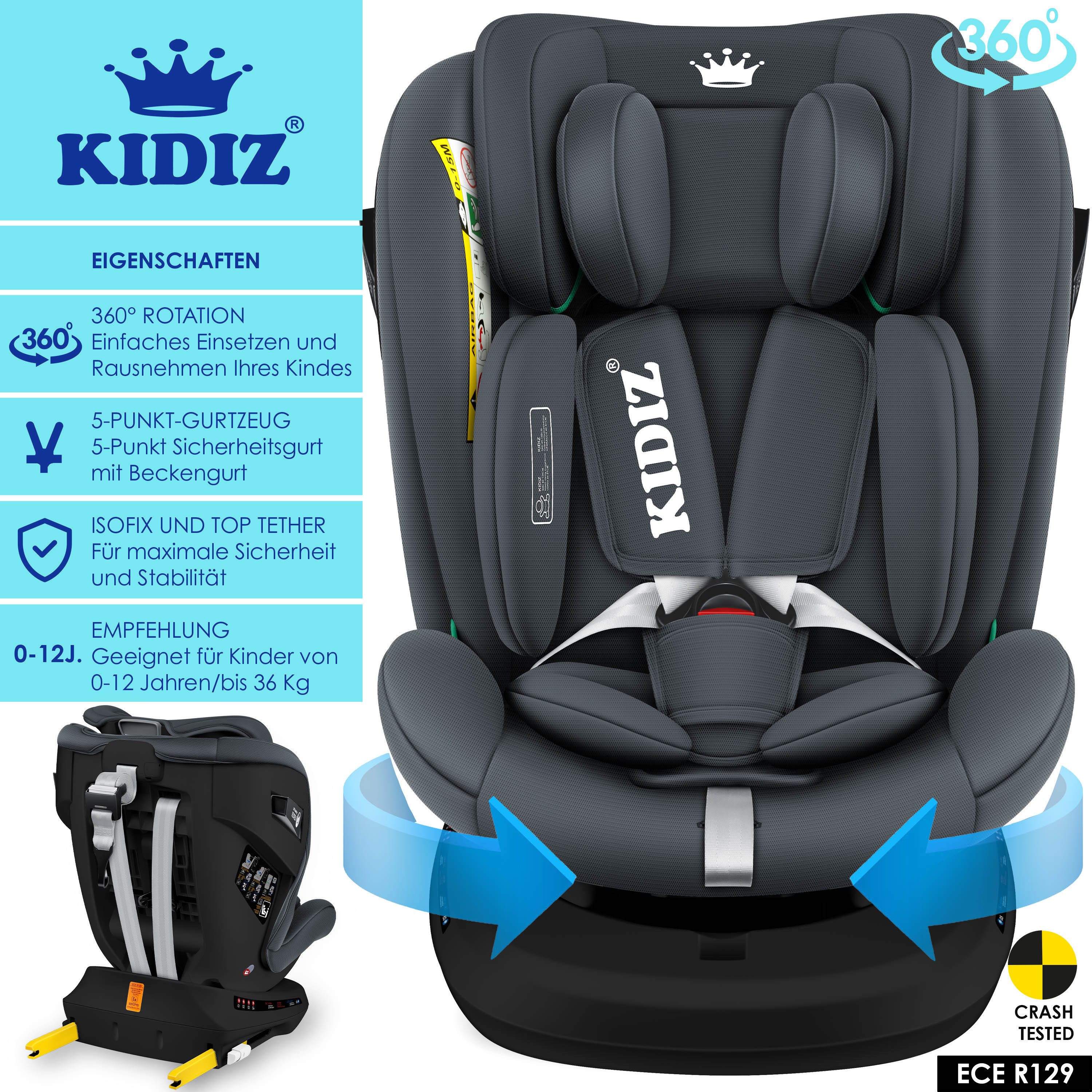 KIDIZ Autokindersitz, Kindersitz Baby Autositz Kinderautositz Isofix Top Tether 360