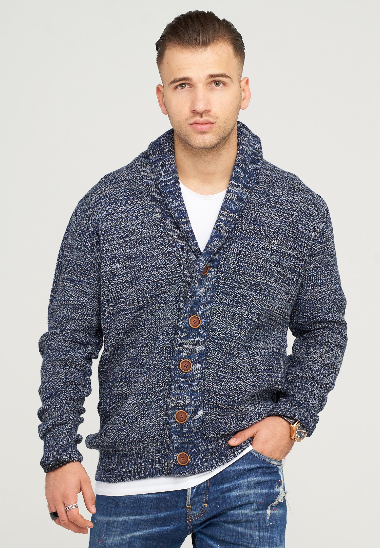 behype Strickjacke MIKITA mit dunkelblau Schalkragen