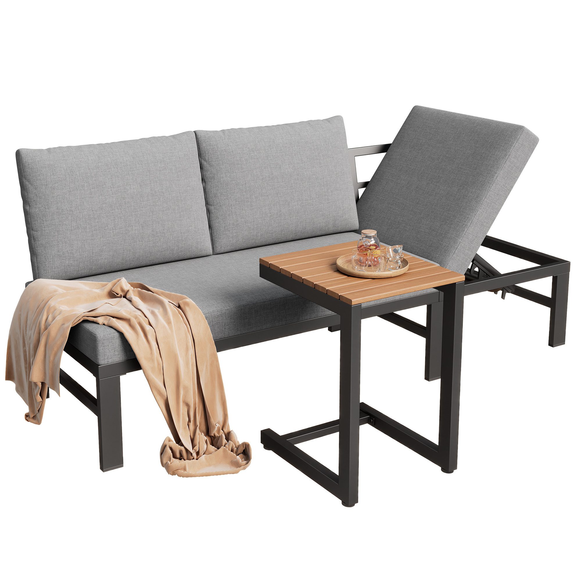 MODFU Gartenlounge-Set Outdoor-Möbelset, (Garten-Lounge-Set, Gartenmöbel-Set, Outdoor-Sofa-Set, Balkonset, 2-tlg., verzinktes Stahlrohr, Tischplatte aus Kunststoff-Holz), mit verstellbarer Neigungsfunktion (5-stufig, bis 55)