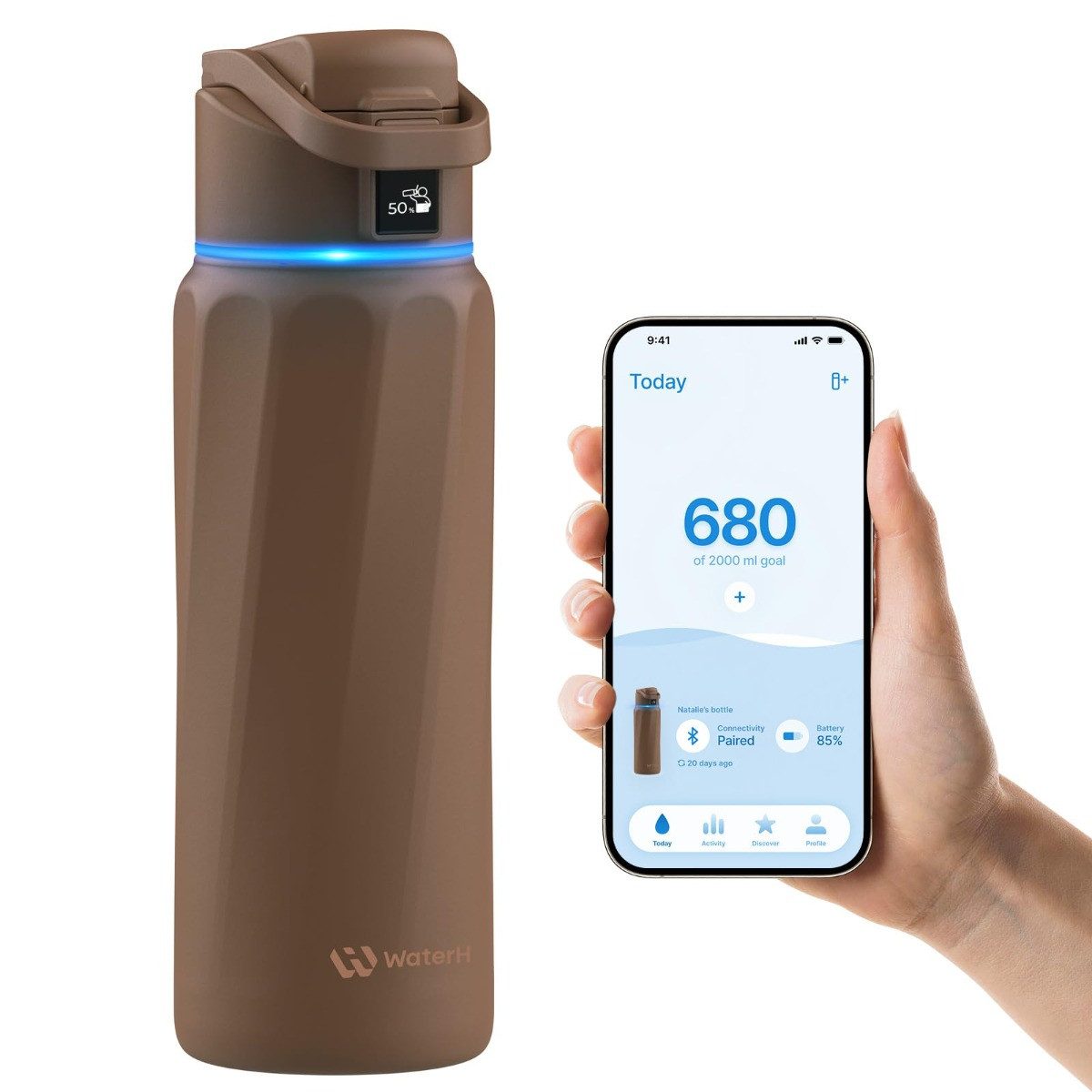 WaterH Trinkflasche Boost, LED-Touch-Display, 946 ml, Braun