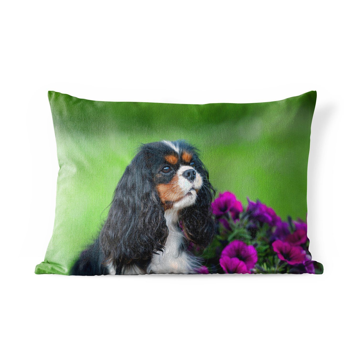 MuchoWow Dekokissen Cavalier King Charles Spaniel mit lila Blumen, Outdoor-Dekorationskissen, Polyester, Dekokissenbezug, Kissenhülle